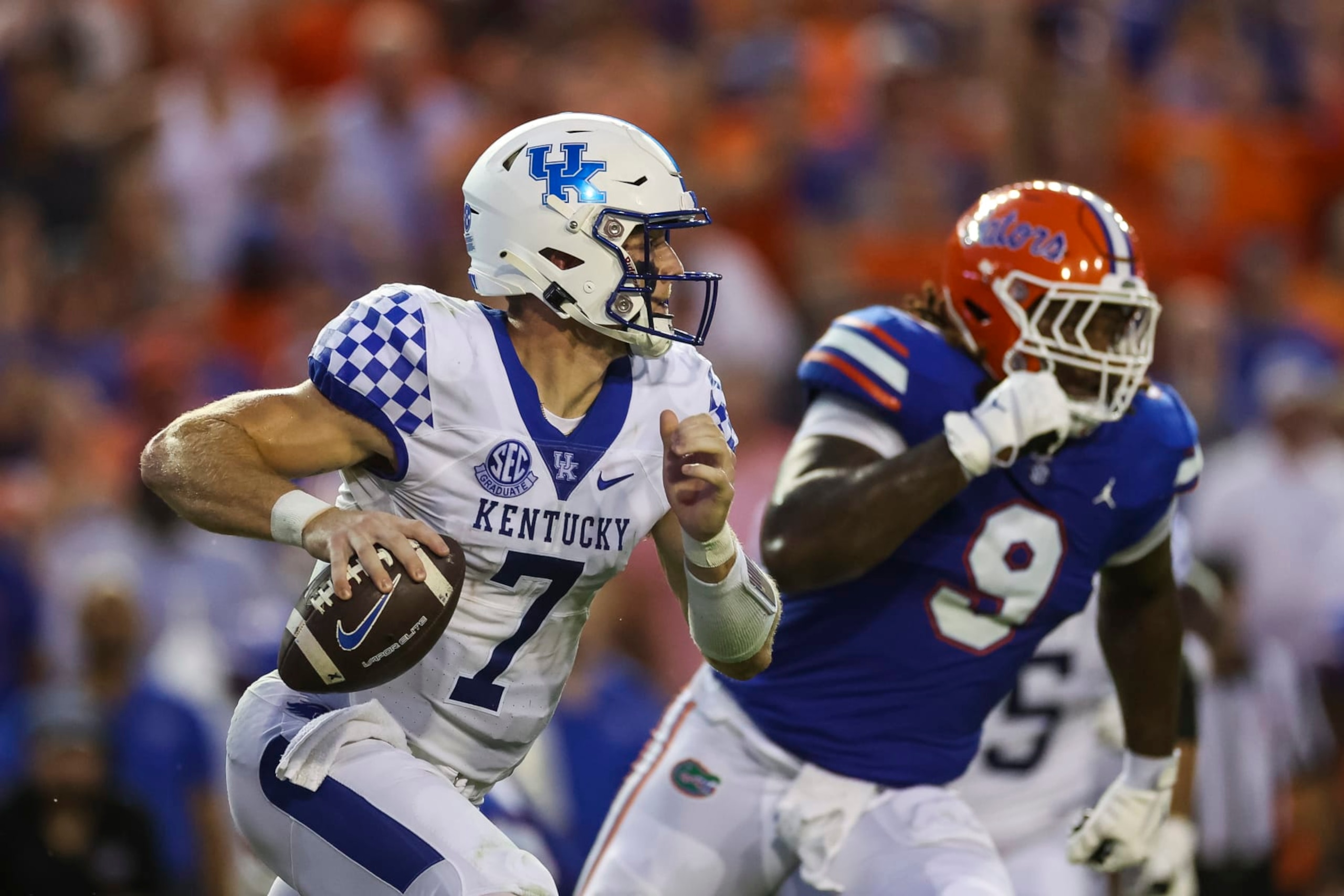 GAINESVILLE, FLORIDA - SEPTEMBER 10: Will Levis #7 of the Kentucky Wildcats looks to pass during the 2nd quarter of a game against the Florida Gators at Ben Hill Griffin Stadium on September 10, 2022 in Gainesville, Florida. (Photo by James Gilbert/Getty Images)