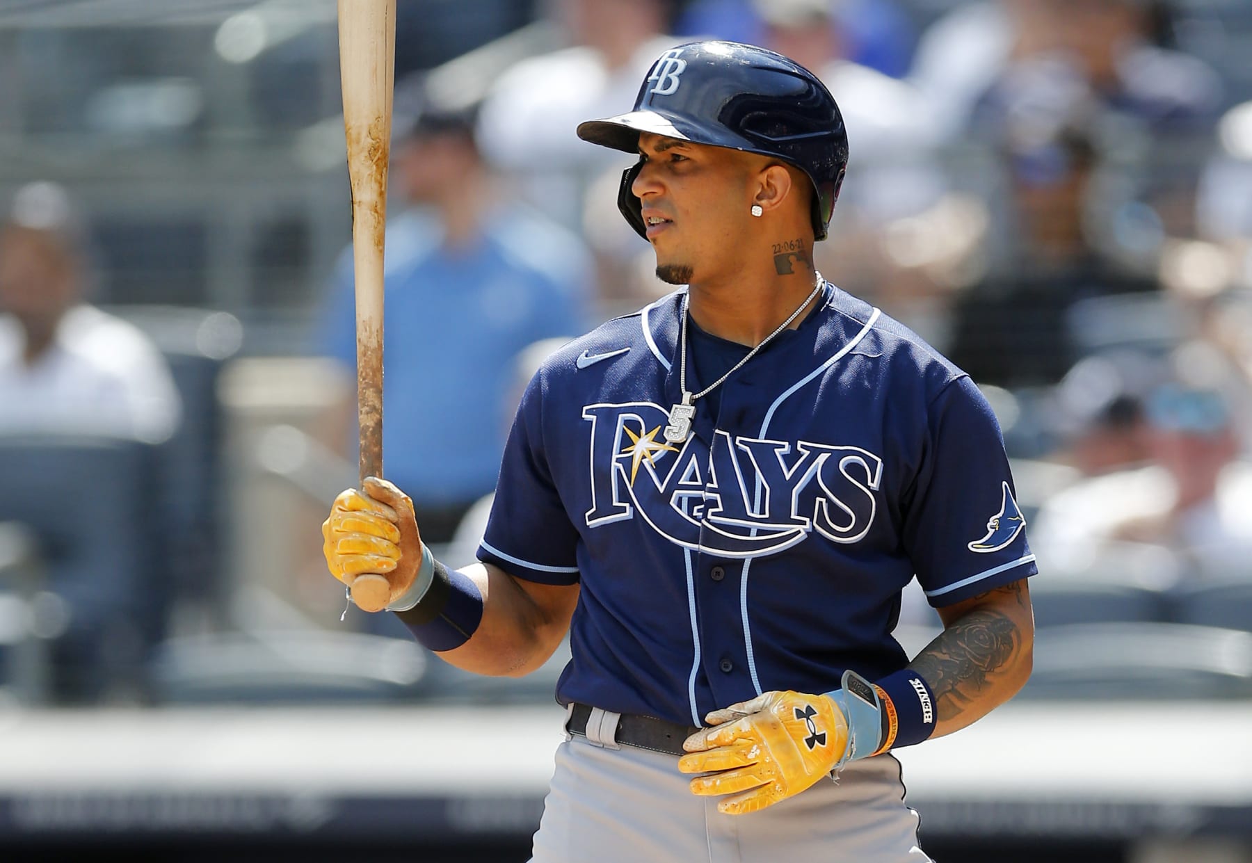 NEW YORK, NEW YORK - SEPTEMBER 10:  Wander Franco #5 of the Tampa Bay Rays in action against the New York Yankees at Yankee Stadium on September 10, 2022 in the Bronx borough of New York City. The Yankees defeated the Rays 10-3. (Photo by Jim McIsaac/Getty Images)