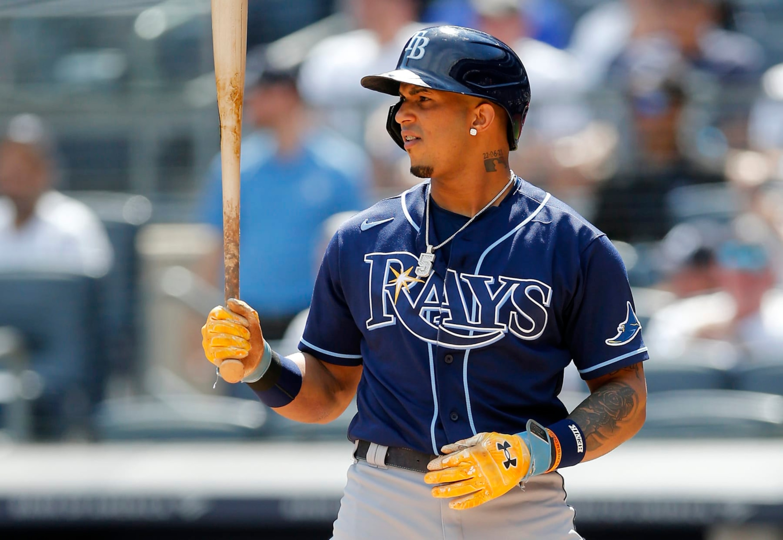 NEW YORK, NEW YORK - SEPTEMBER 10:  Wander Franco #5 of the Tampa Bay Rays in action against the New York Yankees at Yankee Stadium on September 10, 2022 in the Bronx borough of New York City. The Yankees defeated the Rays 10-3. (Photo by Jim McIsaac/Getty Images)