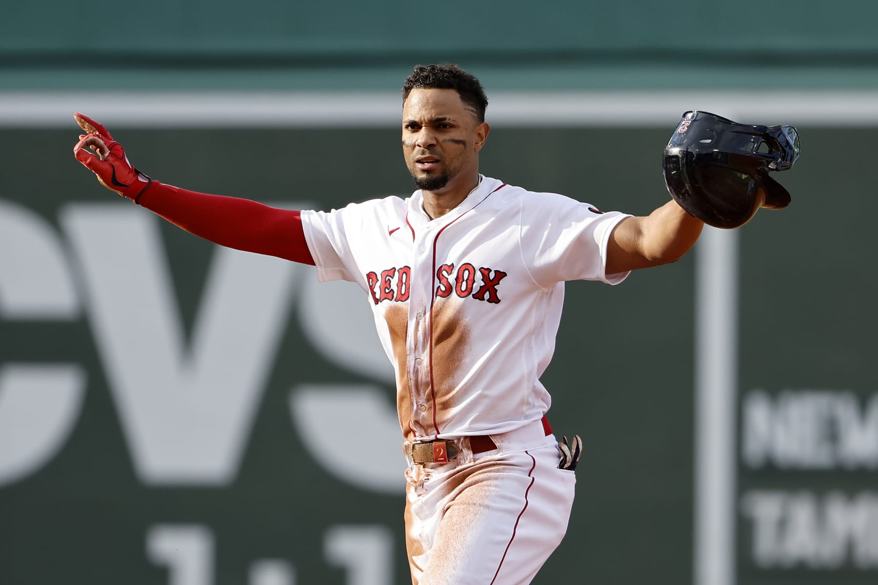BOSTON, MA - SEPTEMBER 3: Xander Bogaerts #2 of the Boston Red Sox stands on second after a double against the Texas Rangers during the third inning at Fenway Park on September 3, 2022 in Boston, Massachusetts. (Photo By Winslow Townson/Getty Images)