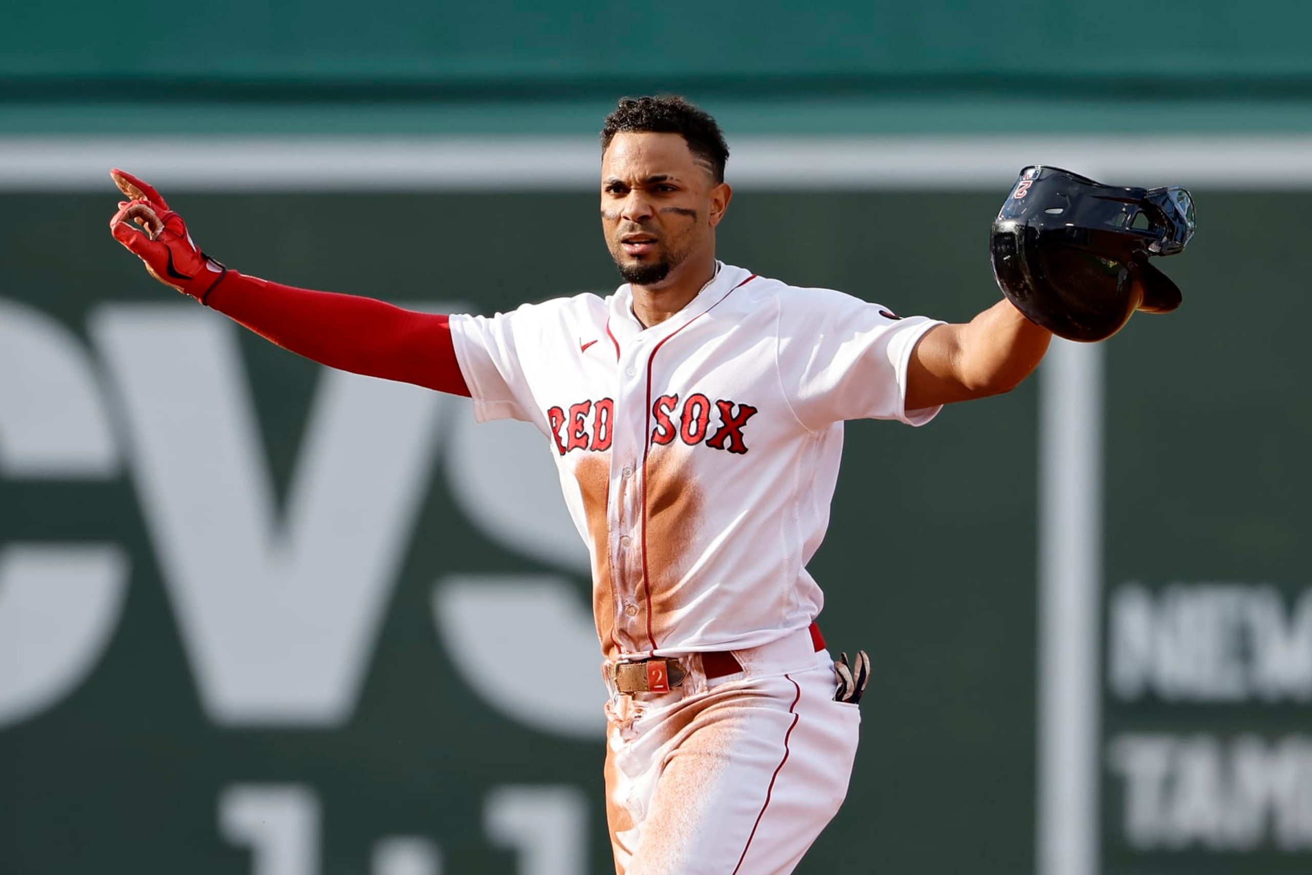 BOSTON, MA - SEPTEMBER 3: Xander Bogaerts #2 of the Boston Red Sox stands on second after a double against the Texas Rangers during the third inning at Fenway Park on September 3, 2022 in Boston, Massachusetts. (Photo By Winslow Townson/Getty Images)