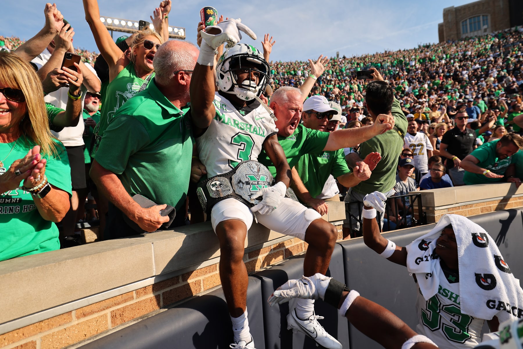 SOUTH BEND, INDIANA - SEPTEMBER 10: Steven Gilmore #3 of the Marshall Thundering Herd celebrates an interception that he returned for a touchdown against the Notre Dame Fighting Irish during the second half at Notre Dame Stadium on September 10, 2022 in South Bend, Indiana. (Photo by Michael Reaves/Getty Images)