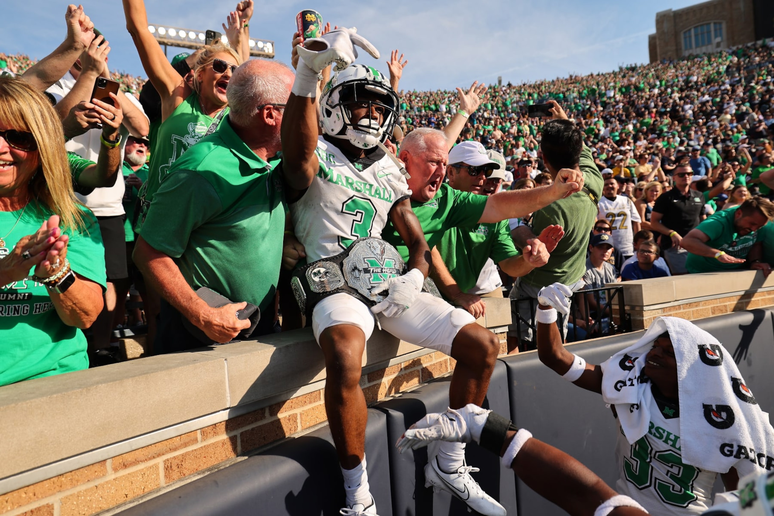SOUTH BEND, INDIANA - SEPTEMBER 10: Steven Gilmore #3 of the Marshall Thundering Herd celebrates an interception that he returned for a touchdown against the Notre Dame Fighting Irish during the second half at Notre Dame Stadium on September 10, 2022 in South Bend, Indiana. (Photo by Michael Reaves/Getty Images) SOUTH BEND, INDIANA - SEPTEMBER 10: Steven Gilmore #3 of the Marshall Thundering Herd celebrates an interception that he returned for a touchdown against the Notre Dame Fighting Irish during the second half at Notre Dame Stadium on September 10, 2022 in South Bend, Indiana. (Photo by Michael Reaves/Getty Images)