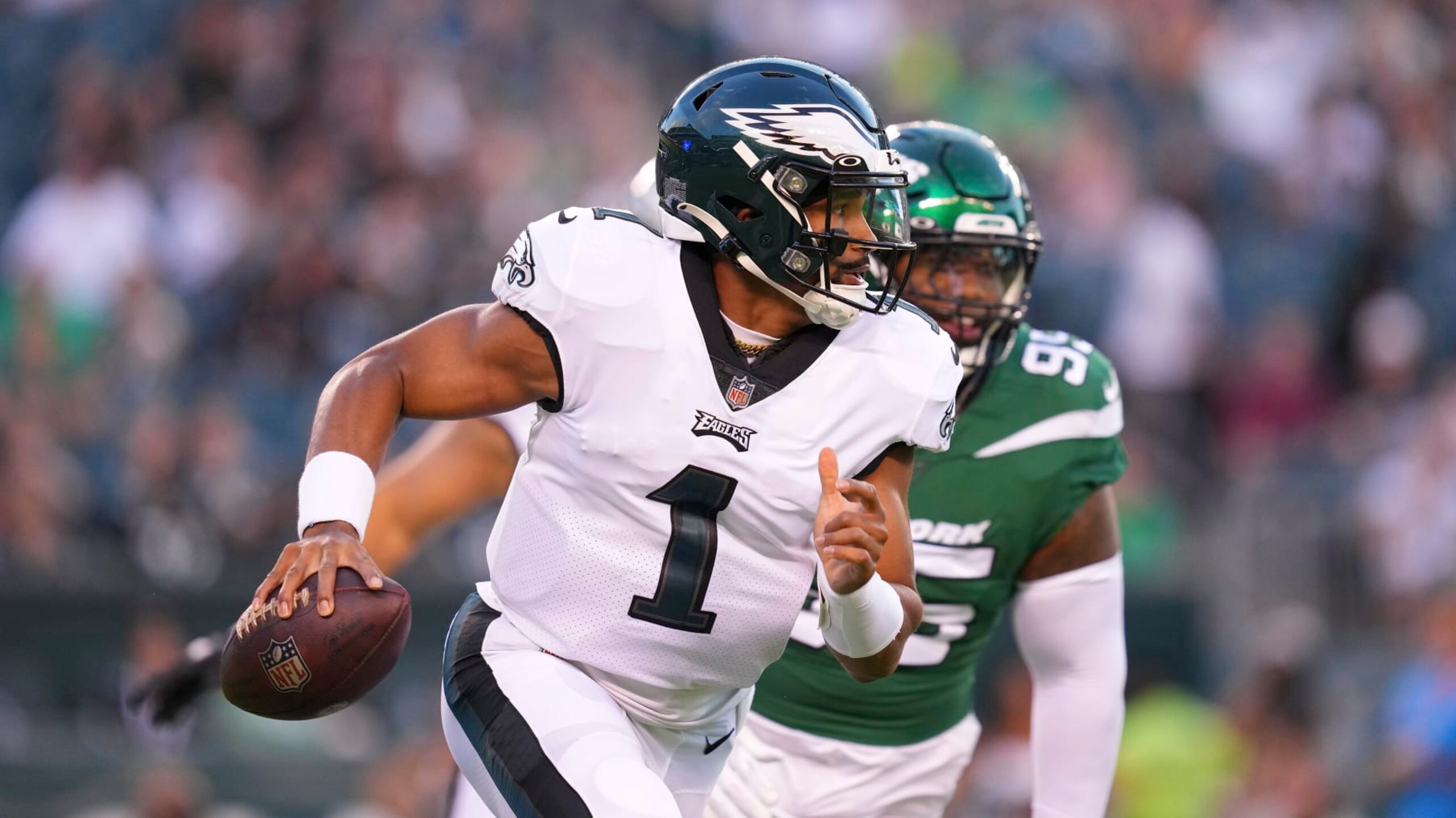 PHILADELPHIA, PA - AUGUST 12: Jalen Hurts #1 of the Philadelphia Eagles scrambles against the New York Jets during the preseason game at Lincoln Financial Field on August 12, 2022 in Philadelphia, Pennsylvania. The Jets defeated the Eagles 24-21. (Photo by Mitchell Leff/Getty Images) PHILADELPHIA, PA - AUGUST 12: Jalen Hurts #1 of the Philadelphia Eagles scrambles against the New York Jets during the preseason game at Lincoln Financial Field on August 12, 2022 in Philadelphia, Pennsylvania. The Jets defeated the Eagles 24-21. (Photo by Mitchell Leff/Getty Images)