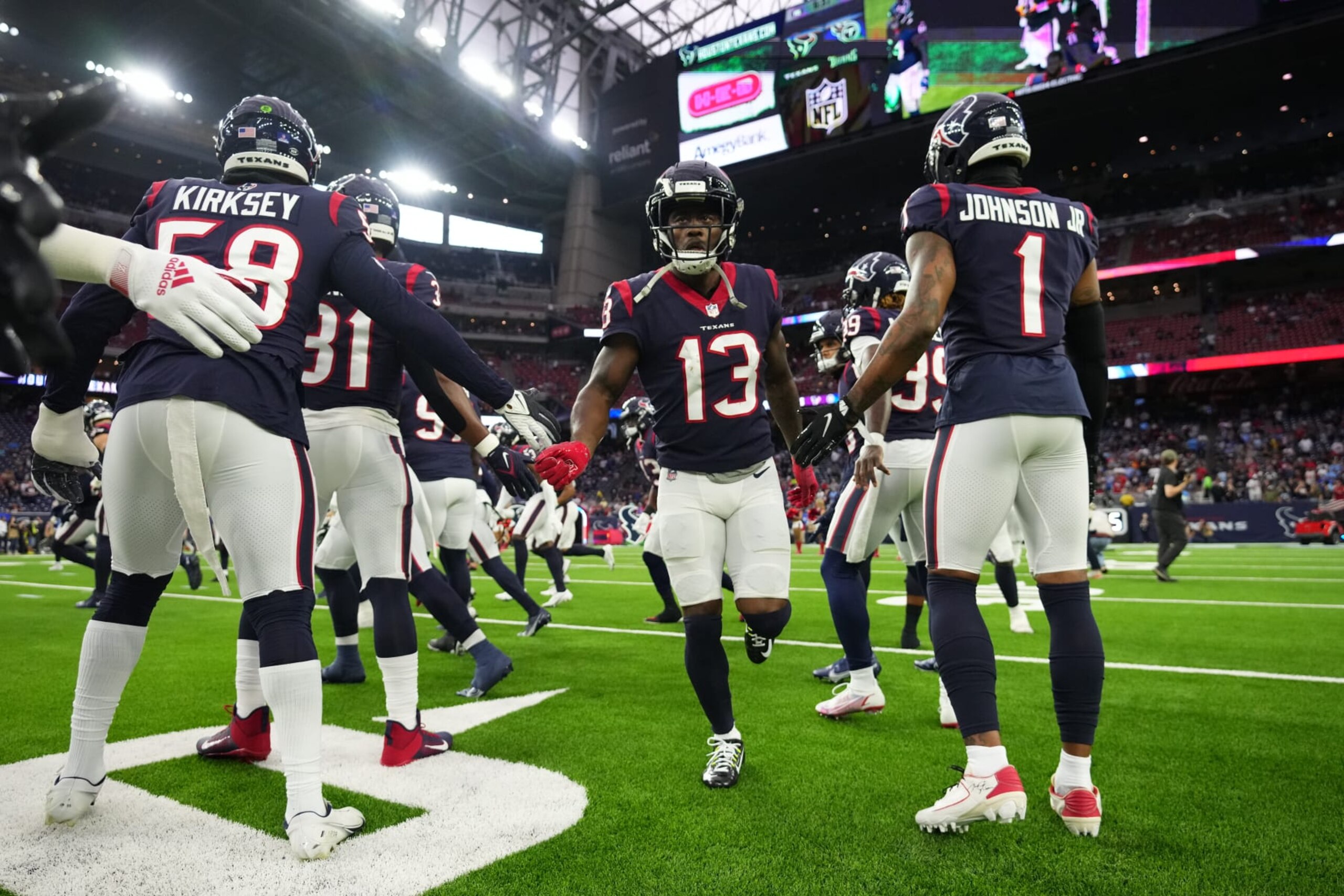 HOUSTON, TEXAS - JANUARY 09: Brandin Cooks #13 of the Houston Texans runs onto the field during introductions against the Tennessee Titans prior to an NFL game at NRG Stadium on January 09, 2022 in Houston, Texas. (Photo by Cooper Neill/Getty Images) HOUSTON, TEXAS - JANUARY 09: Brandin Cooks #13 of the Houston Texans runs onto the field during introductions against the Tennessee Titans prior to an NFL game at NRG Stadium on January 09, 2022 in Houston, Texas. (Photo by Cooper Neill/Getty Images)