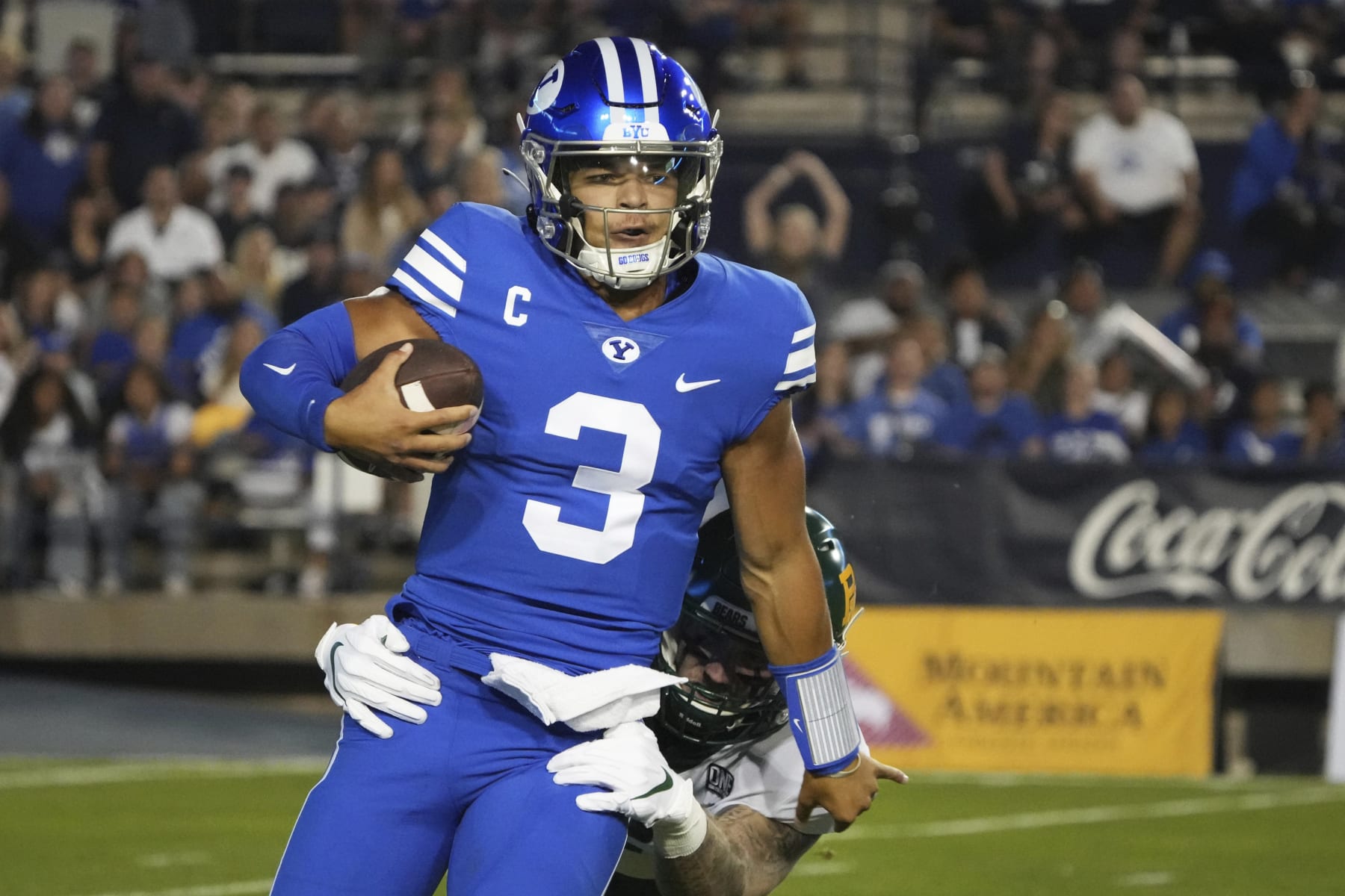 BYU quarterback Jaren Hall (3) is sacked by Baylor linebacker Matt Jones in the first half of an NCAA college football game, Saturday, Sept. 10, 2022, in Provo, Utah. (AP Photo/George Frey)