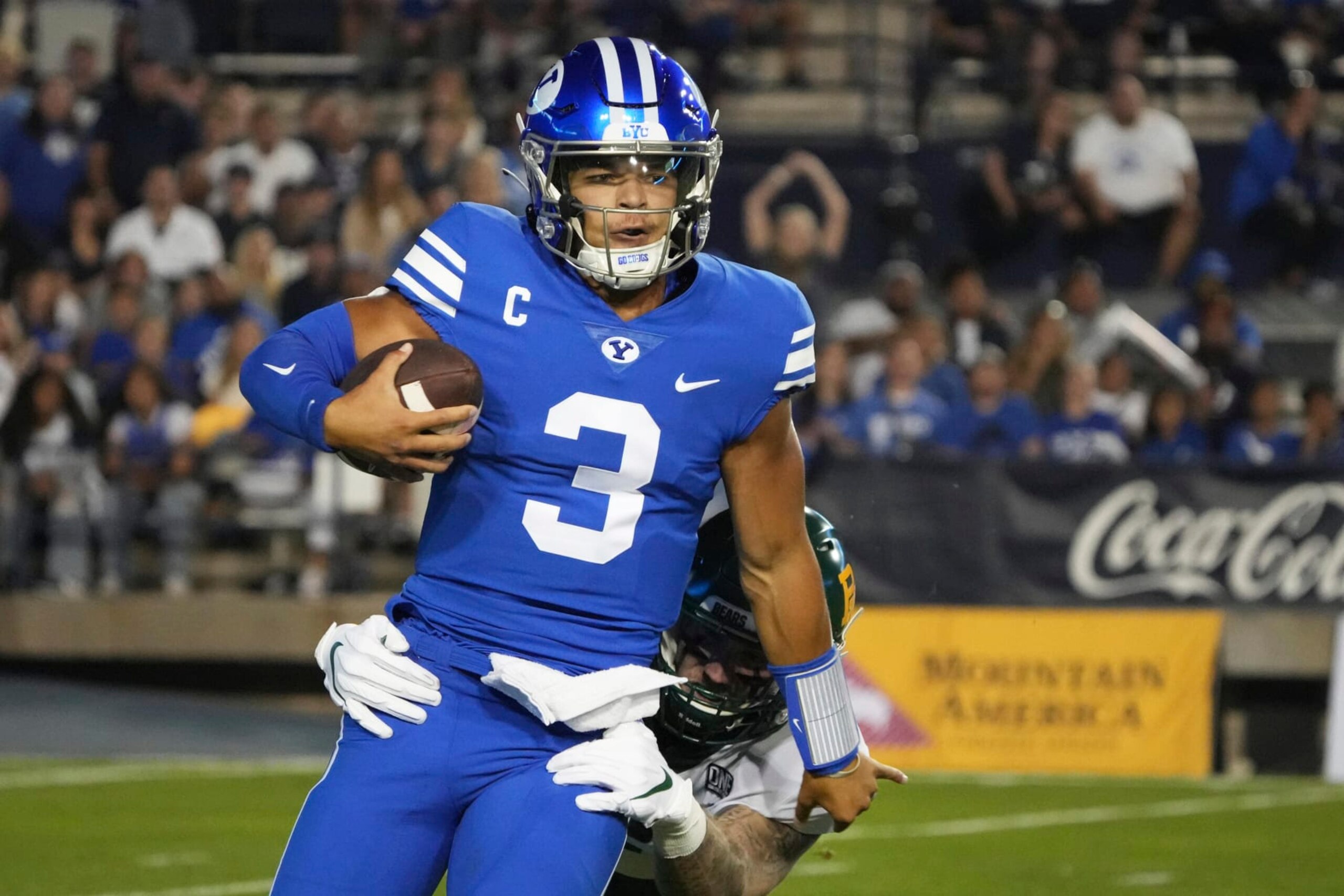 BYU quarterback Jaren Hall (3) is sacked by Baylor linebacker Matt Jones in the first half of an NCAA college football game, Saturday, Sept. 10, 2022, in Provo, Utah. (AP Photo/George Frey)