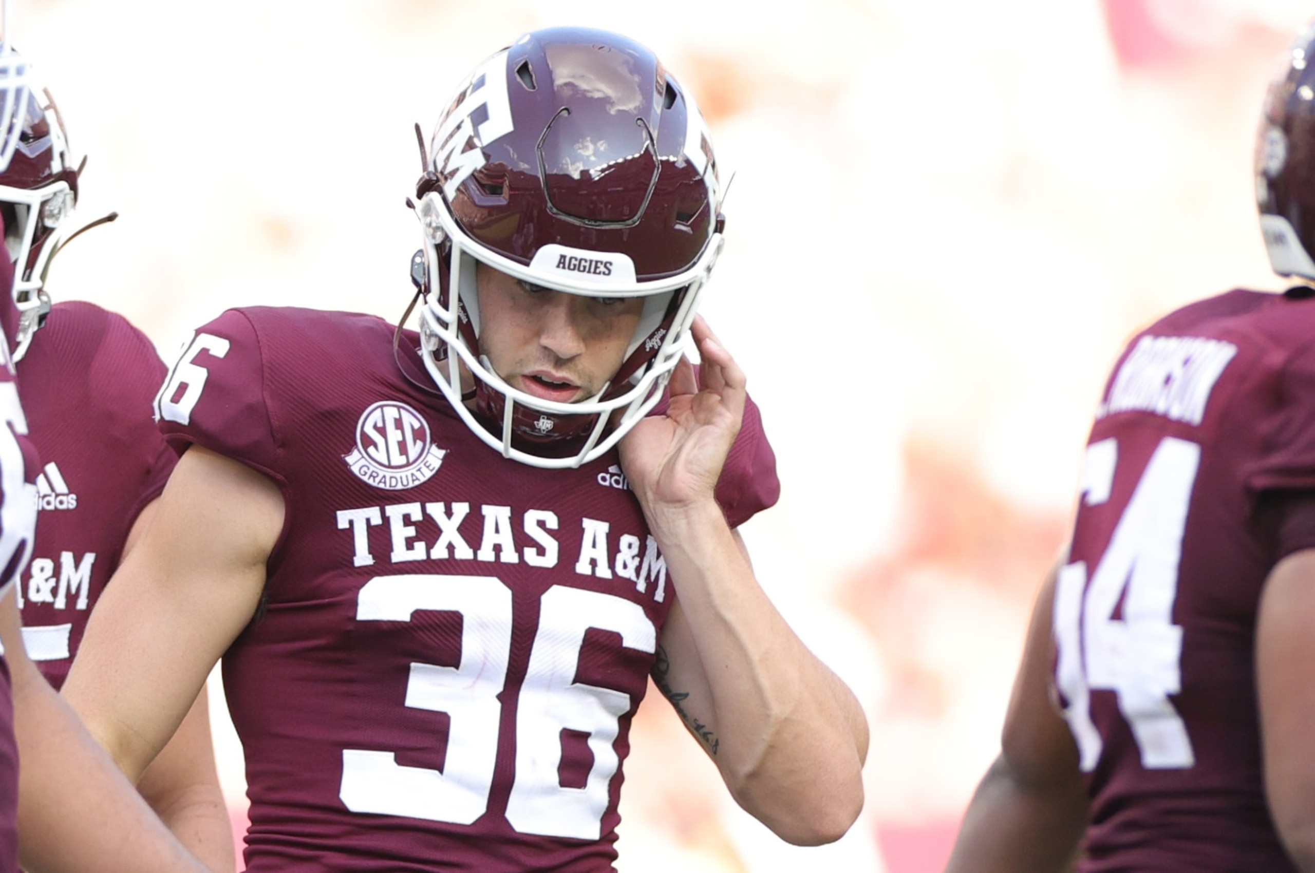 COLLEGE STATION, TEXAS - SEPTEMBER 10: Caden Davis #36 of the Texas A&M Aggies reacts to missing a kick during the second half against the Appalachian State Mountaineers at Kyle Field on September 10, 2022 in College Station, Texas. (Photo by Carmen Mandato/Getty Images)
