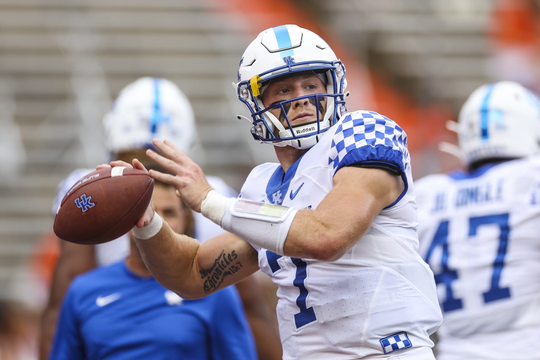 GAINESVILLE, FLORIDA - SEPTEMBER 10: Will Levis #7 of the Kentucky Wildcats warms up before the start of a game against the Florida Gators at Ben Hill Griffin Stadium on September 10, 2022 in Gainesville, Florida. (Photo by James Gilbert/Getty Images)