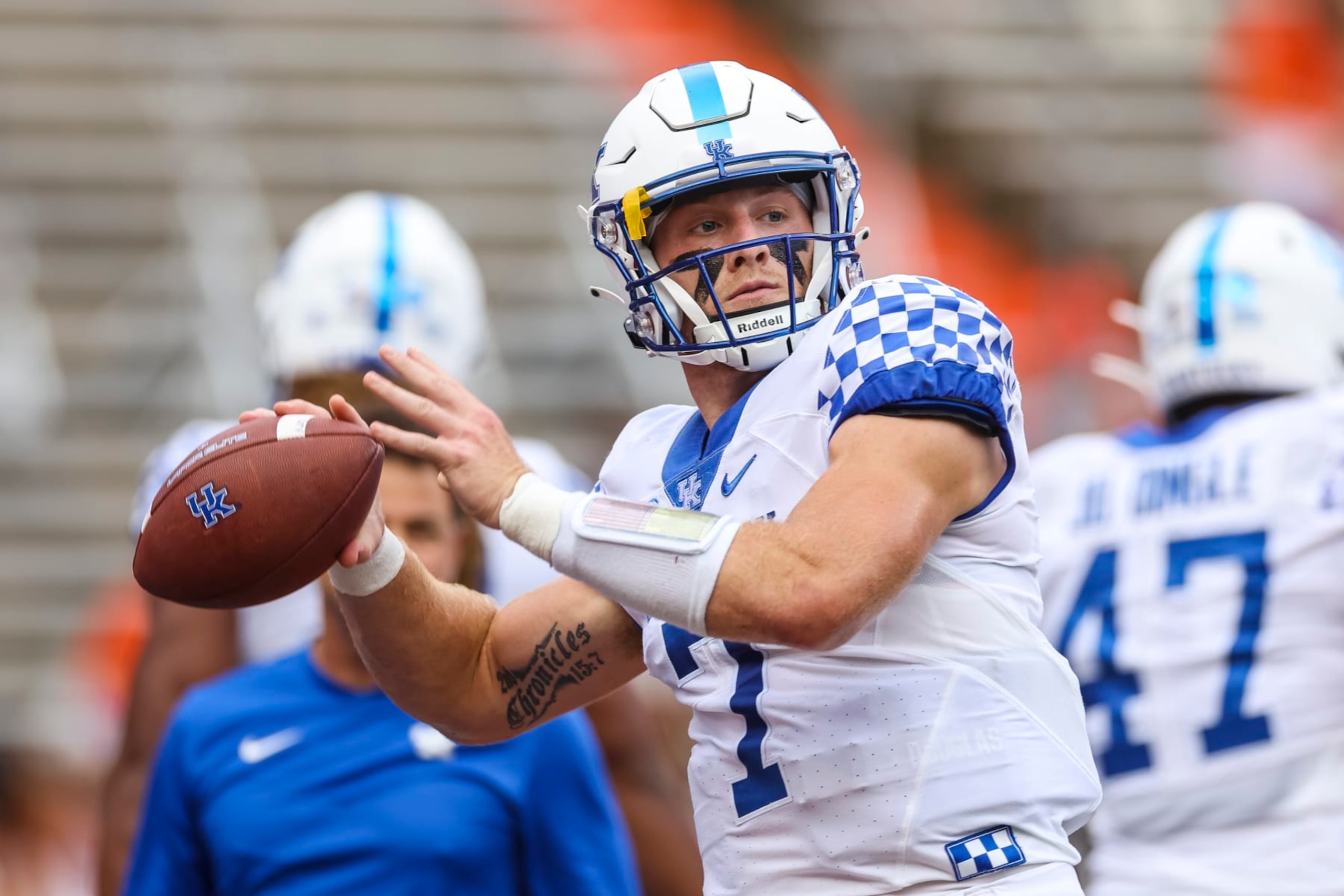 GAINESVILLE, FLORIDA - SEPTEMBER 10: Will Levis #7 of the Kentucky Wildcats warms up before the start of a game against the Florida Gators at Ben Hill Griffin Stadium on September 10, 2022 in Gainesville, Florida. (Photo by James Gilbert/Getty Images)