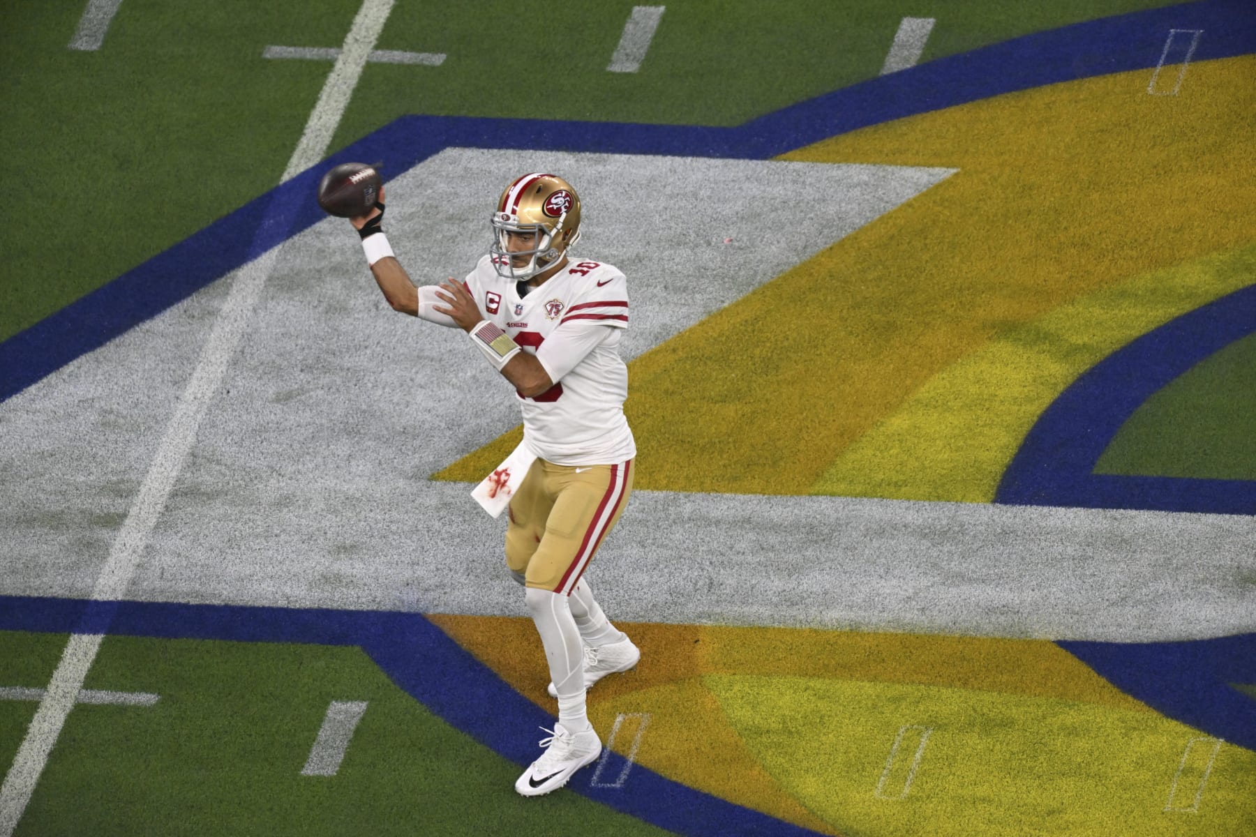 Football: NFC Championship: San Francisco 49ers QB Jimmy Garoppolo (10) in action, passing vs Los Angeles Rams at SoFi Stadium. Inglewood, CA 1/30/2022 CREDIT: John W. McDonough (Photo by John W. McDonough/Sports Illustrated via Getty Images) (Set Number: X163918 TK1)