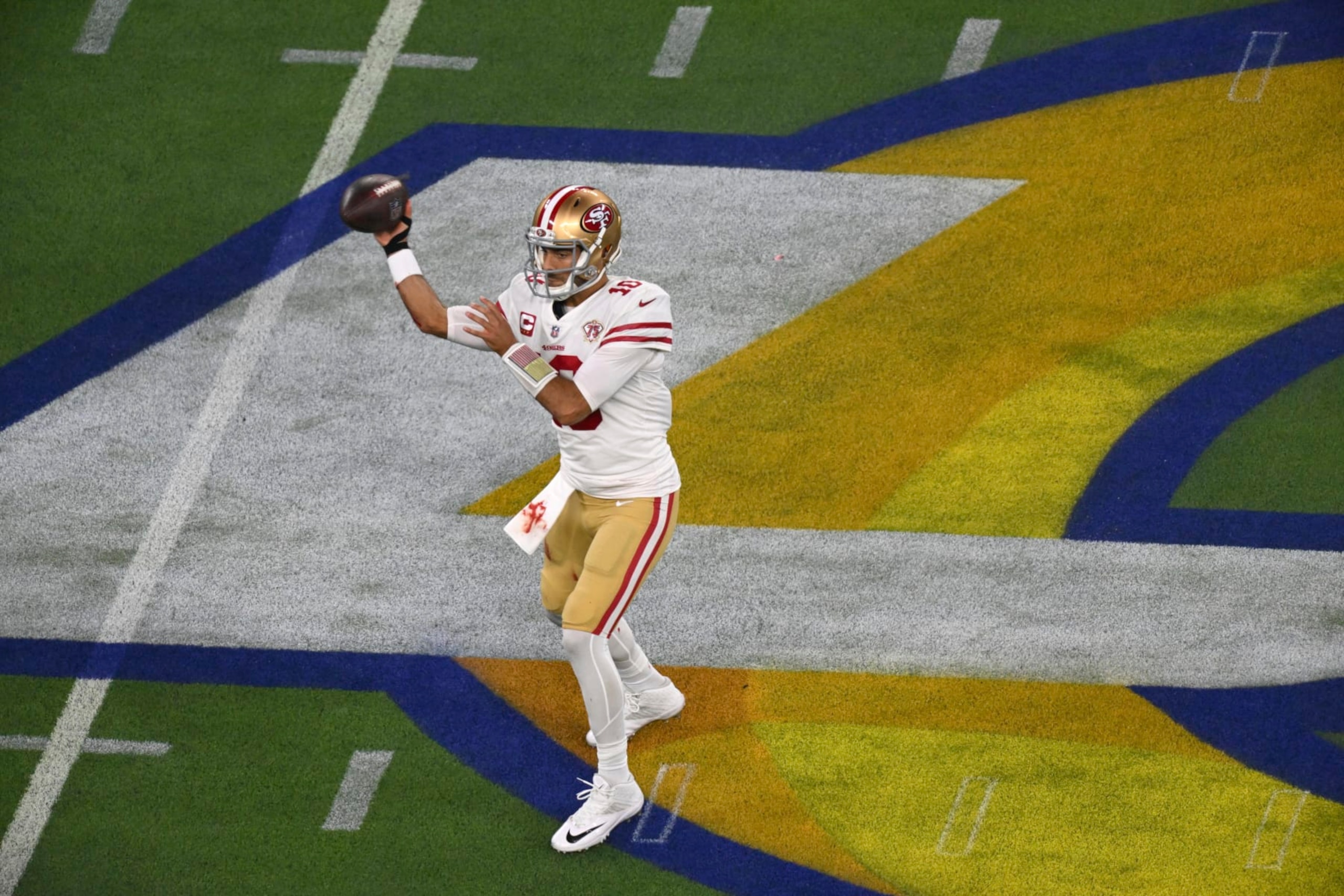 Football: NFC Championship: San Francisco 49ers QB Jimmy Garoppolo (10) in action, passing vs Los Angeles Rams at SoFi Stadium. Inglewood, CA 1/30/2022 CREDIT: John W. McDonough (Photo by John W. McDonough/Sports Illustrated via Getty Images) (Set Number: X163918 TK1)
