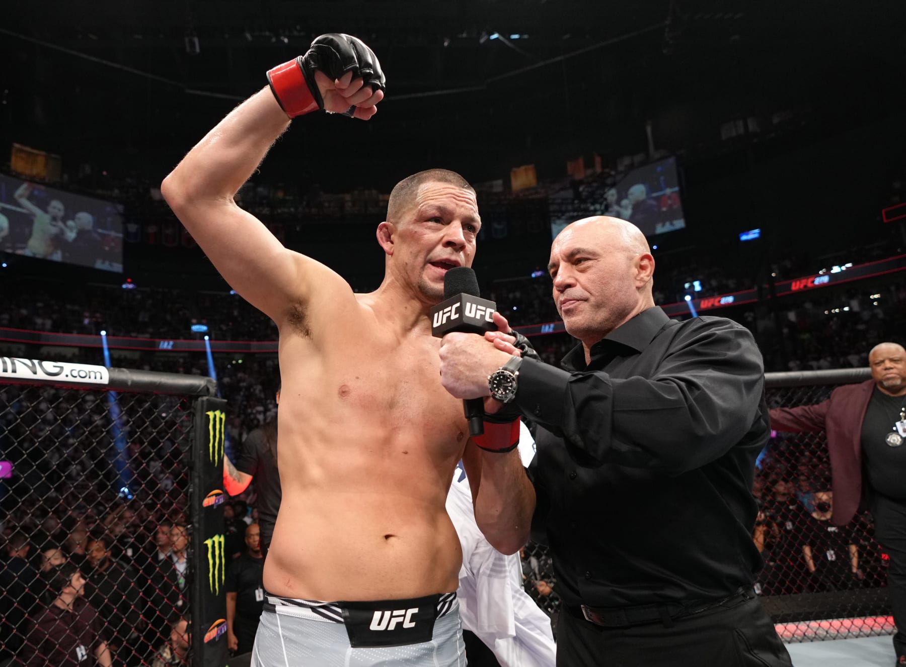 LAS VEGAS, NEVADA - SEPTEMBER 10: Nate Diaz reacts after his submission victory over Tony Ferguson in a welterweight fight during the UFC 279 event at T-Mobile Arena on September 10, 2022 in Las Vegas, Nevada. (Photo by Jeff Bottari/Zuffa LLC)