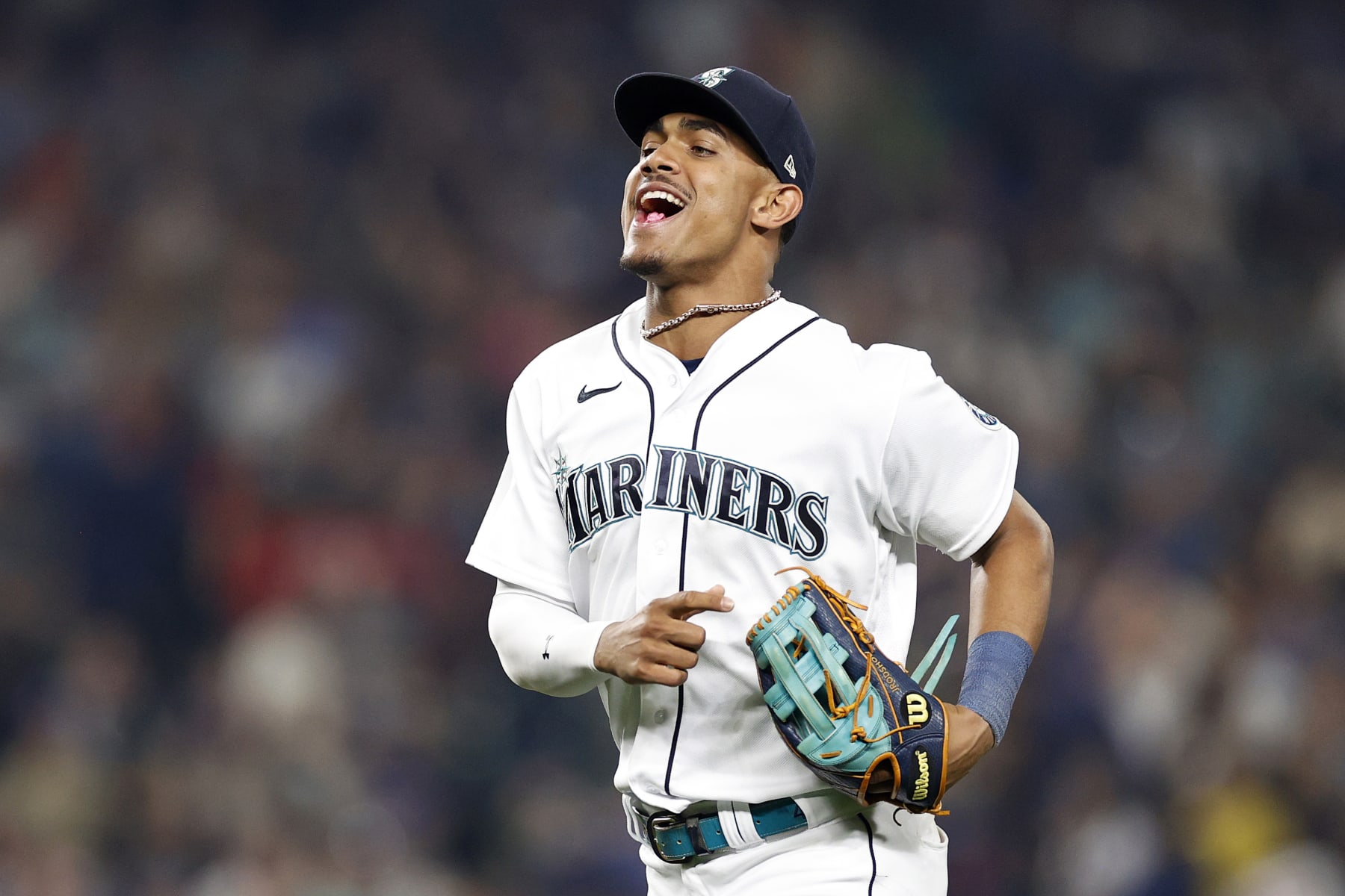 SEATTLE, WASHINGTON - SEPTEMBER 10: Julio Rodriguez #44 of the Seattle Mariners reacts after beating the against the Atlanta Braves 3-1 at T-Mobile Park on September 10, 2022 in Seattle, Washington. (Photo by Steph Chambers/Getty Images)