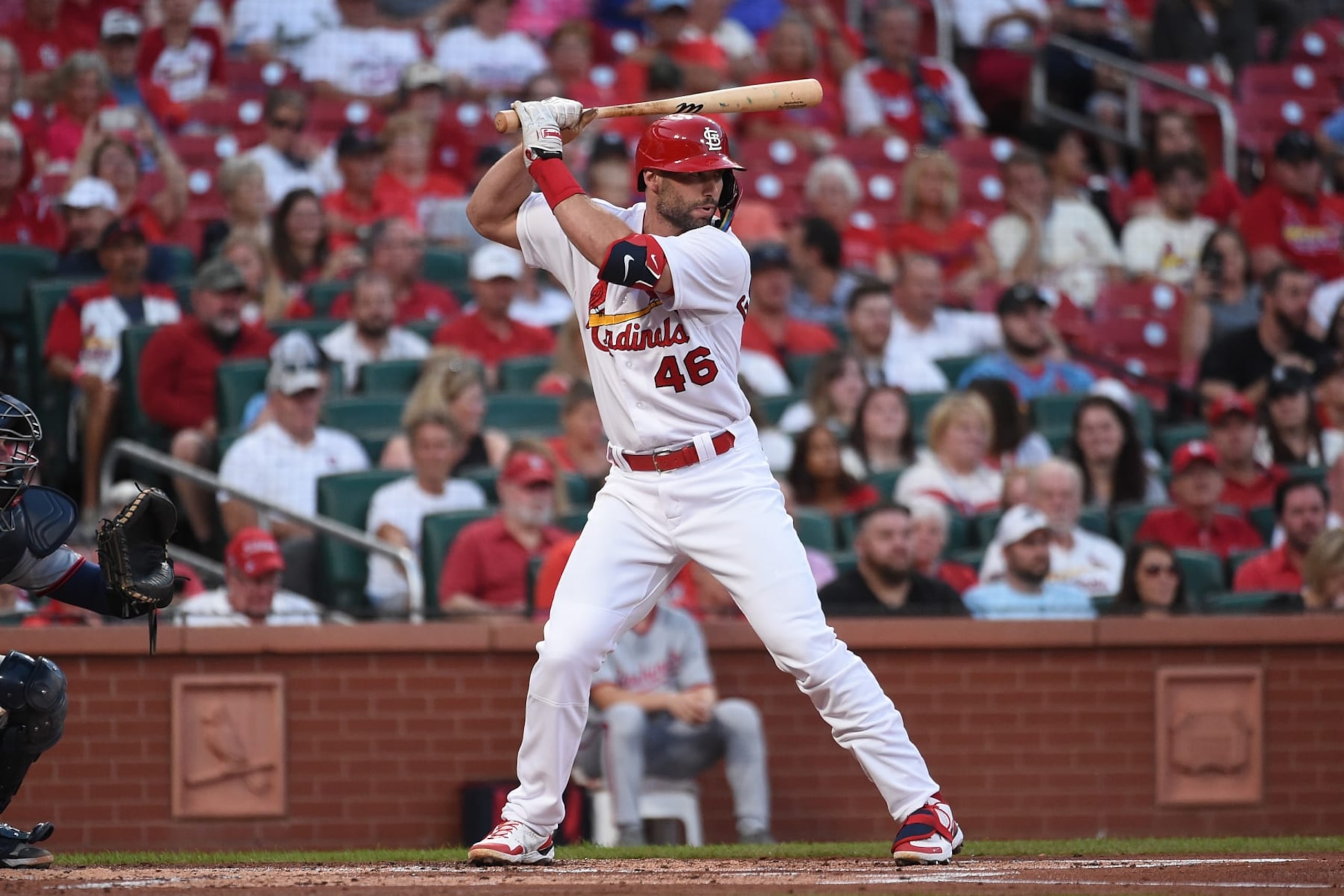 ST LOUIS, MO - SEPTEMBER 07: Paul Goldschmidt #46 of the St. Louis Cardinals at bat against the Washington Nationals at Busch Stadium on September 7, 2022 in St Louis, Missouri. (Photo by Joe Puetz/Getty Images)