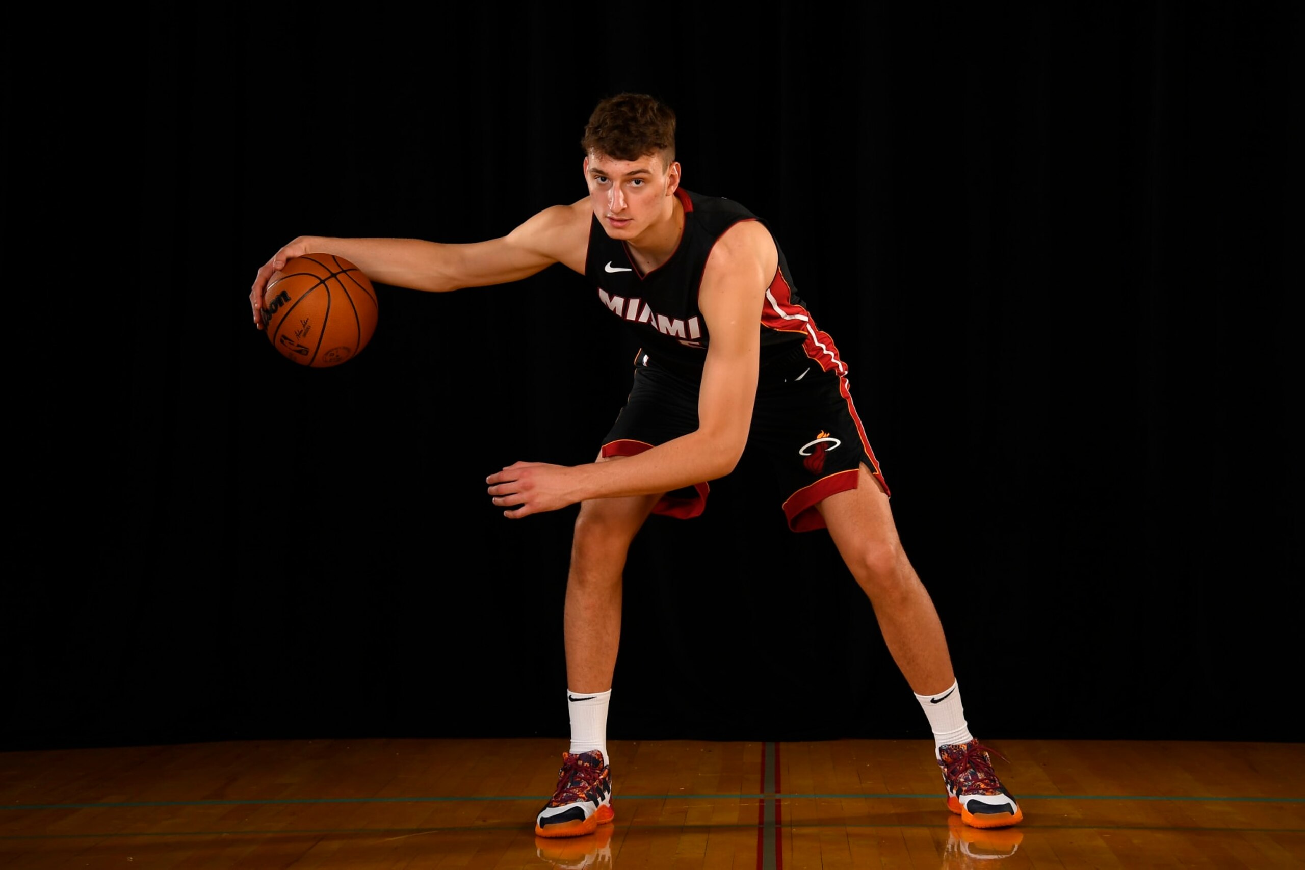 LAS VEGAS, NV - JULY 14: Nikola Jovic #5 of the Miami Heat poses for a portrait during 2022 NBA Rookie Photo Shoot on July 14, 2022 at UNLV Campus in Las Vegas, Nevada. NOTE TO USER: User expressly acknowledges and agrees that, by downloading and/or using this Photograph, user is consenting to the terms and conditions of the Getty Images License Agreement. Mandatory Copyright Notice: Copyright 2022 NBAE (Photo by Brian Babineau/NBAE via Getty Images)
