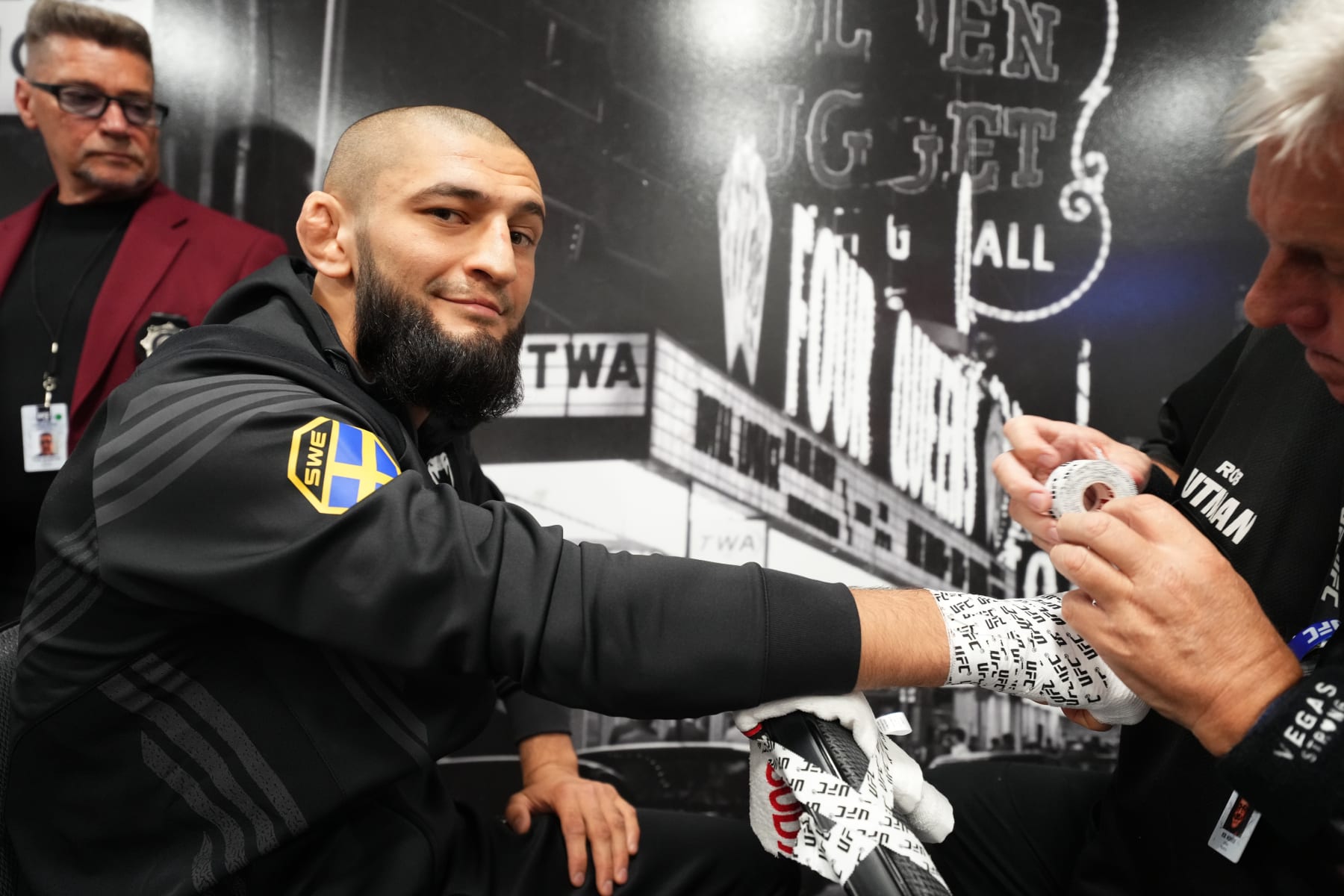 LAS VEGAS, NEVADA - SEPTEMBER 10: Khamzat Chimaev of Russia has his hands wrapped prior to his fight during the UFC 279 event at T-Mobile Arena on September 10, 2022 in Las Vegas, Nevada. (Photo by Chris Unger/Zuffa LLC)