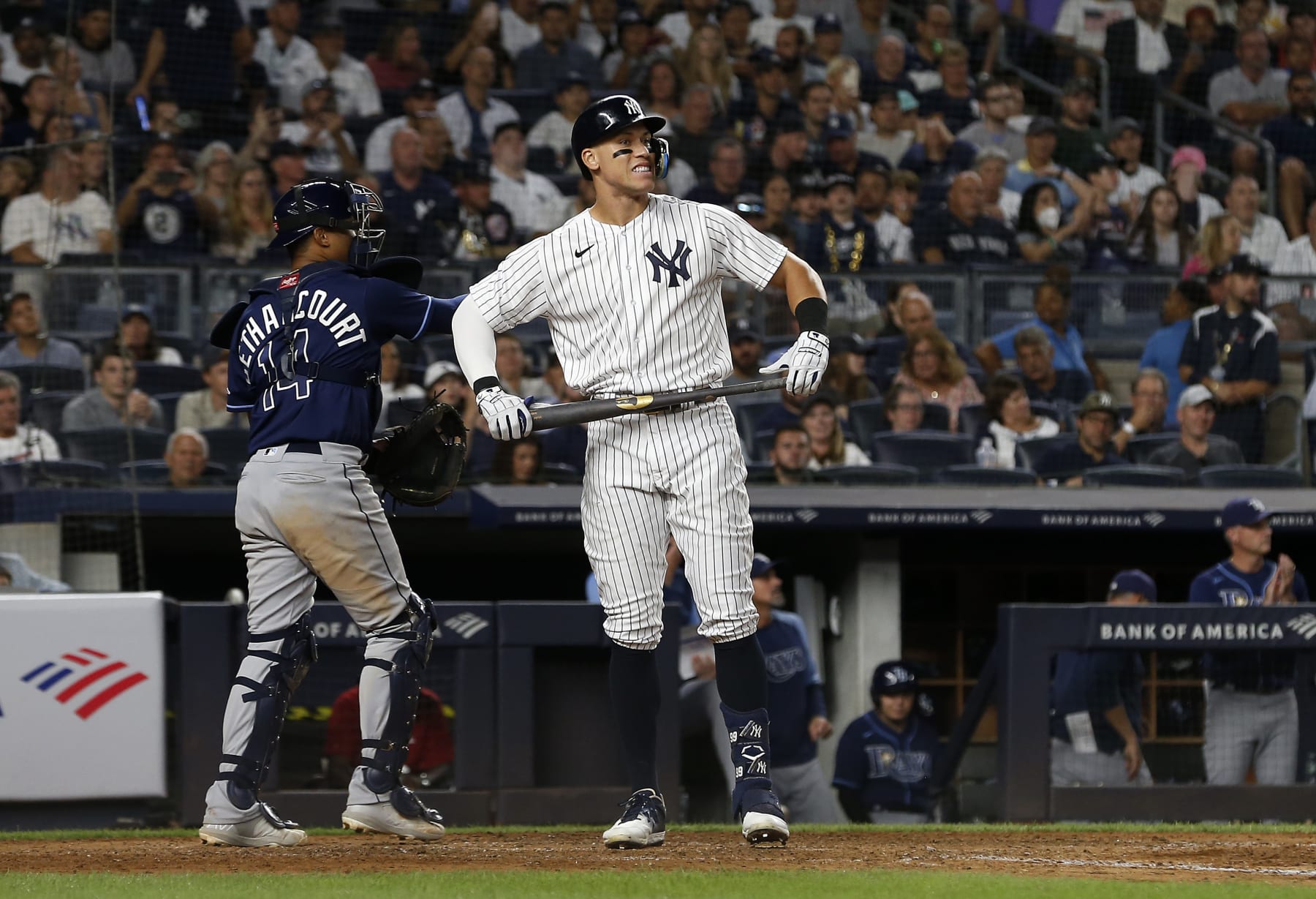 NEW YORK, NEW YORK - SEPTEMBER 09:  Aaron Judge #99 of the New York Yankees reacts after striking out to end the fifth inning against the Tampa Bay Rays at Yankee Stadium on September 09, 2022 in the Bronx borough of New York City. (Photo by Jim McIsaac/Getty Images)