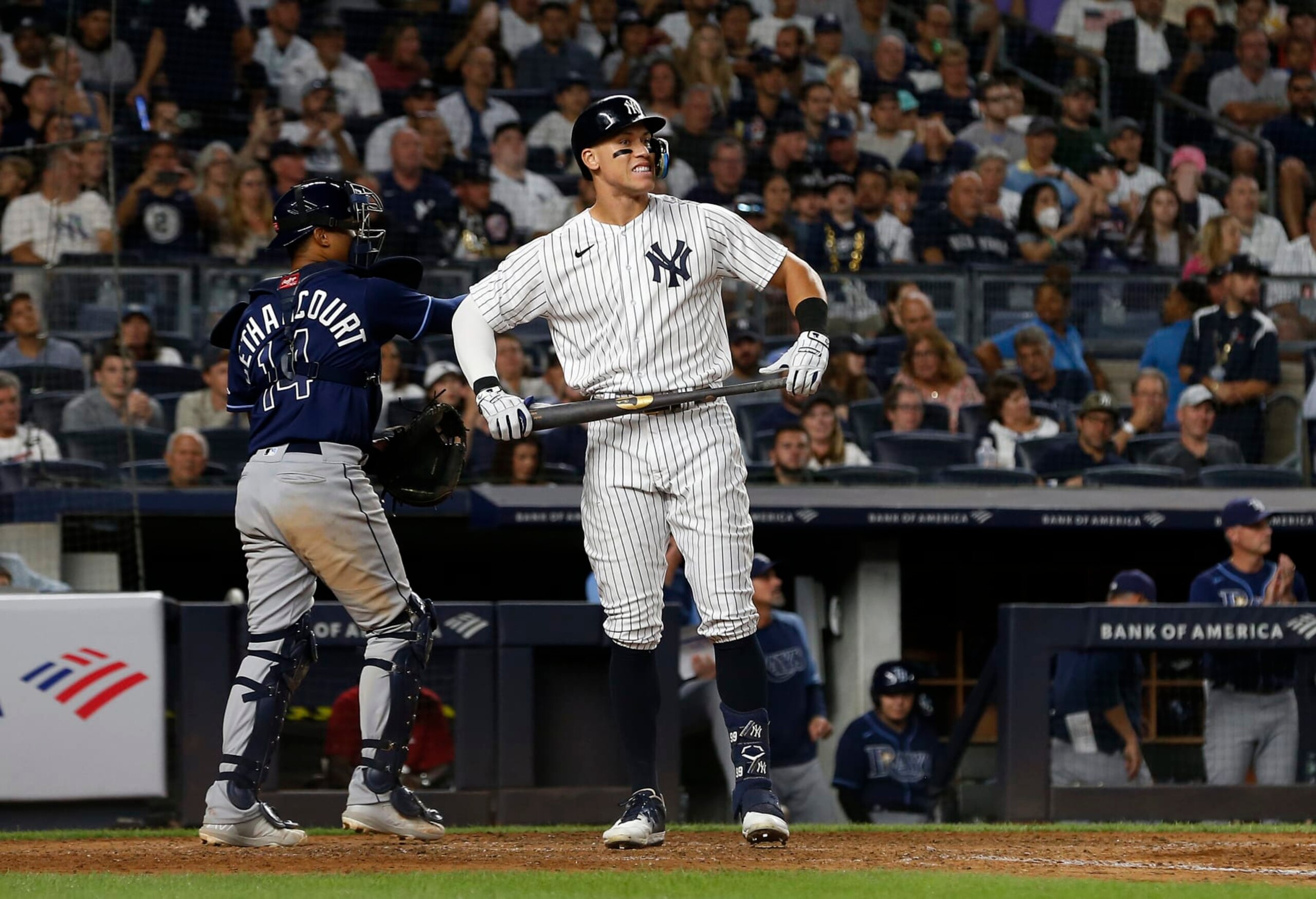 NEW YORK, NEW YORK - SEPTEMBER 09:  Aaron Judge #99 of the New York Yankees reacts after striking out to end the fifth inning against the Tampa Bay Rays at Yankee Stadium on September 09, 2022 in the Bronx borough of New York City. (Photo by Jim McIsaac/Getty Images)