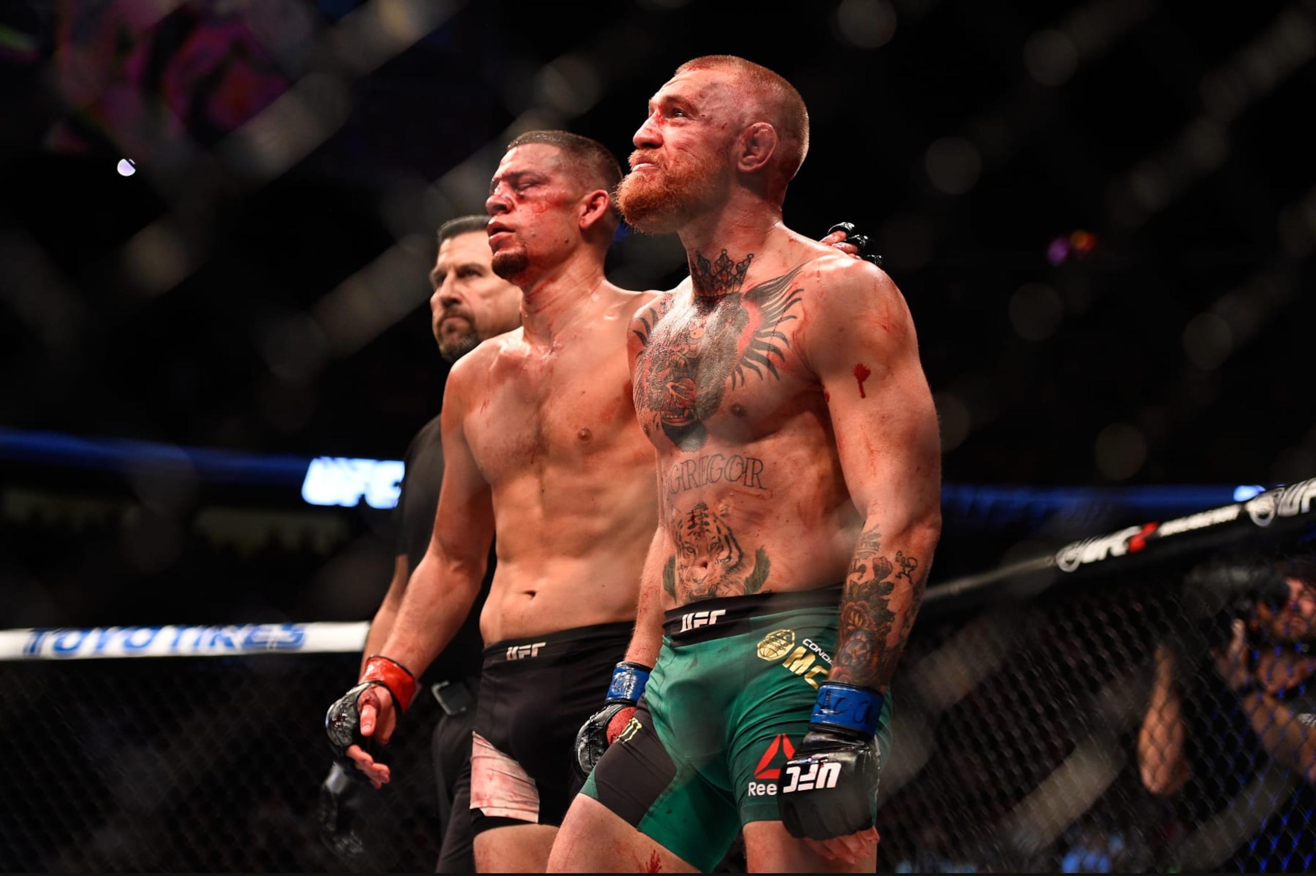 LAS VEGAS, NV - AUGUST 20: (L-R) Nate Diaz and Conor McGregor of Ireland embrace after finishing five rounds in their welterweight bout during the UFC 202 event at T-Mobile Arena on August 20, 2016 in Las Vegas, Nevada. (Photo by Jeff Bottari/Zuffa LLC/Zuffa LLC via Getty Images) LAS VEGAS, NV - AUGUST 20: (L-R) Nate Diaz and Conor McGregor of Ireland embrace after finishing five rounds in their welterweight bout during the UFC 202 event at T-Mobile Arena on August 20, 2016 in Las Vegas, Nevada. (Photo by Jeff Bottari/Zuffa LLC/Zuffa LLC via Getty Images)