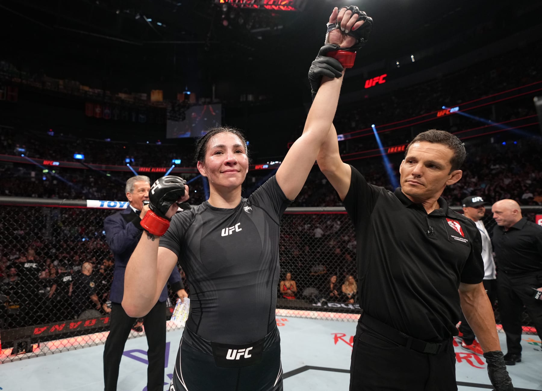 LAS VEGAS, NEVADA - SEPTEMBER 10: Irene Aldana of Mexico reacts after her victory over Macy Chiasson in a 140-pound catchweight fight during the UFC 279 event at T-Mobile Arena on September 10, 2022 in Las Vegas, Nevada. (Photo by Jeff Bottari/Zuffa LLC)