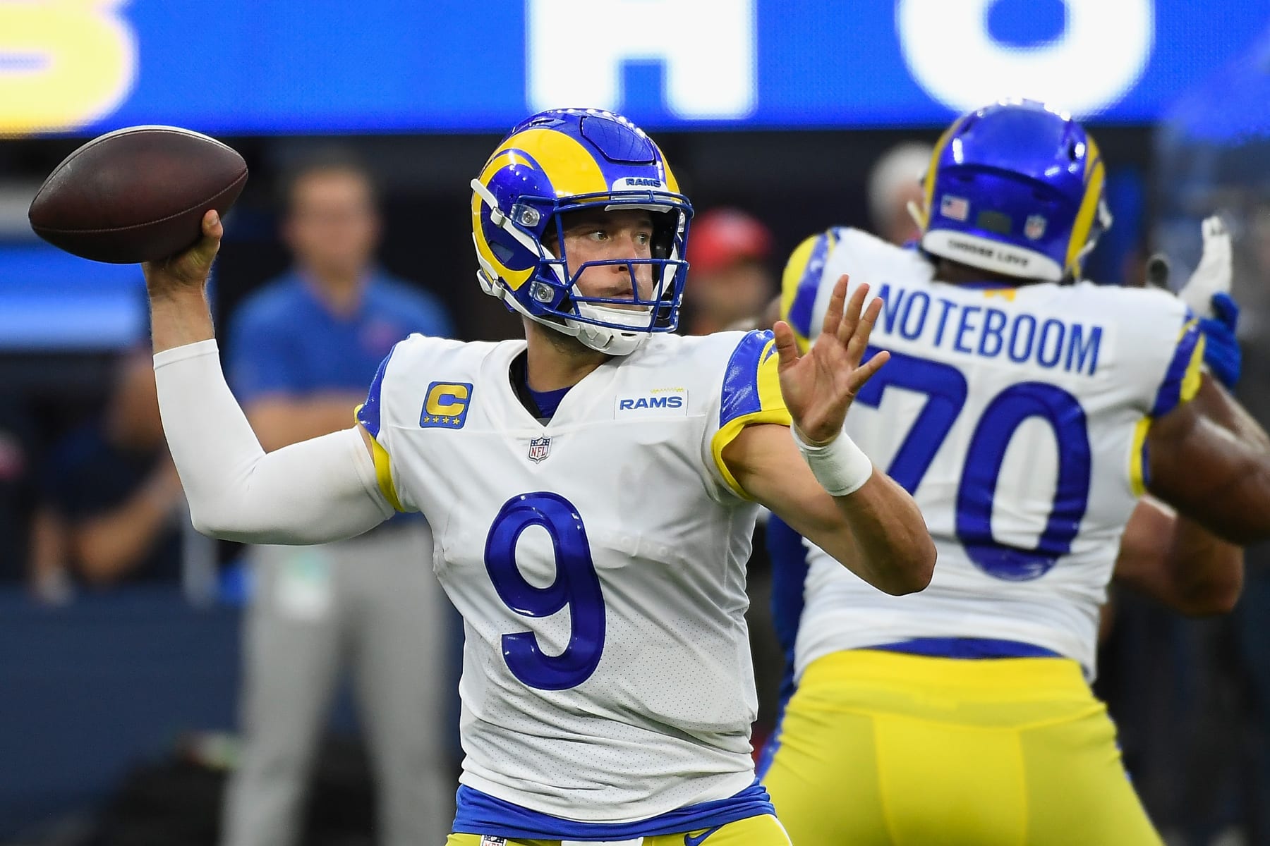 INGLEWOOD, CALIFORNIA - SEPTEMBER 08:  Quarterback Matthew Stafford #9 of the Los Angeles Rams throws a pass during the first quarter of the NFL game against the Buffalo Bills at SoFi Stadium on September 08, 2022 in Inglewood, California. (Photo by Kevork Djansezian/Getty Images)