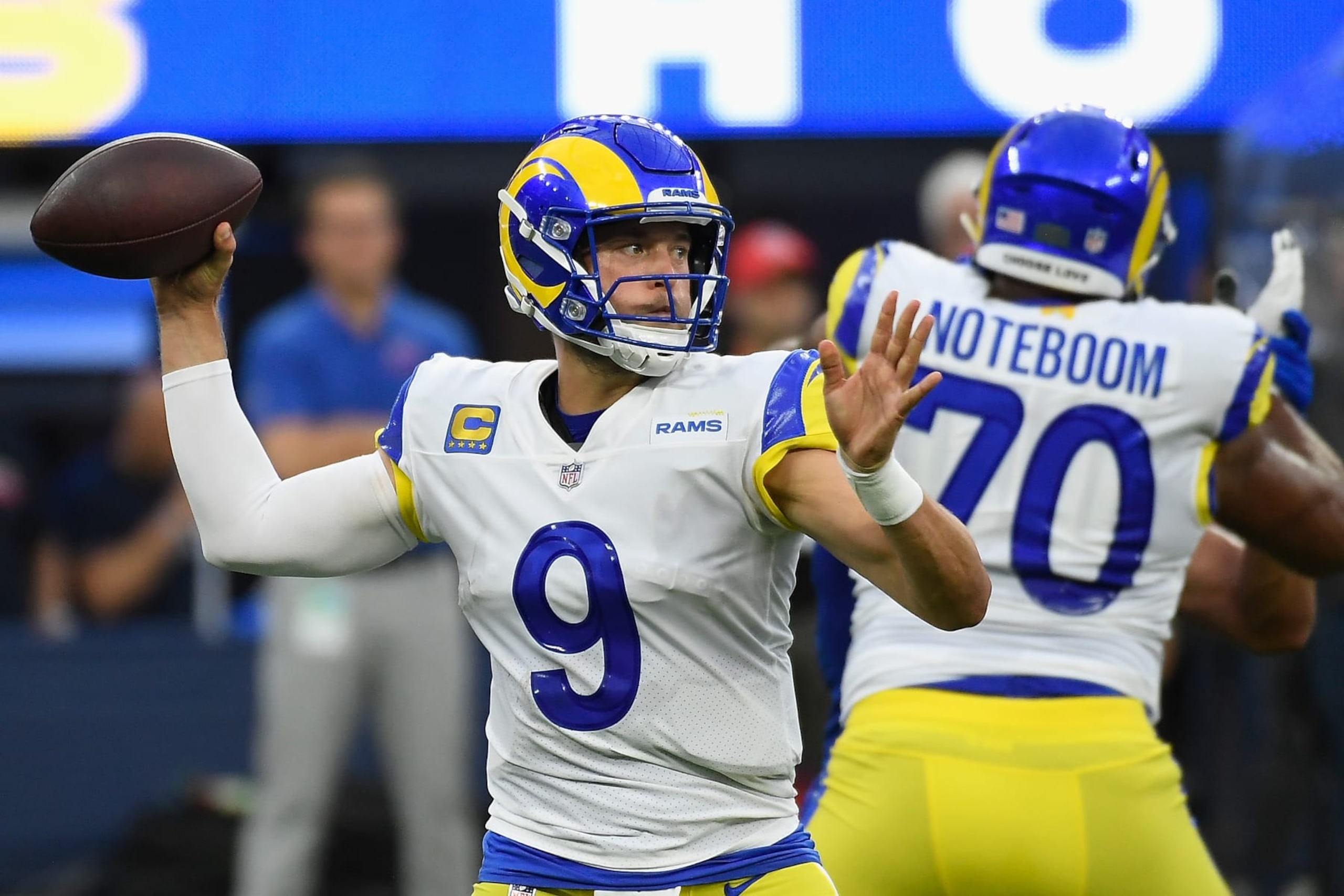 INGLEWOOD, CALIFORNIA - SEPTEMBER 08:  Quarterback Matthew Stafford #9 of the Los Angeles Rams throws a pass during the first quarter of the NFL game against the Buffalo Bills at SoFi Stadium on September 08, 2022 in Inglewood, California. (Photo by Kevork Djansezian/Getty Images)