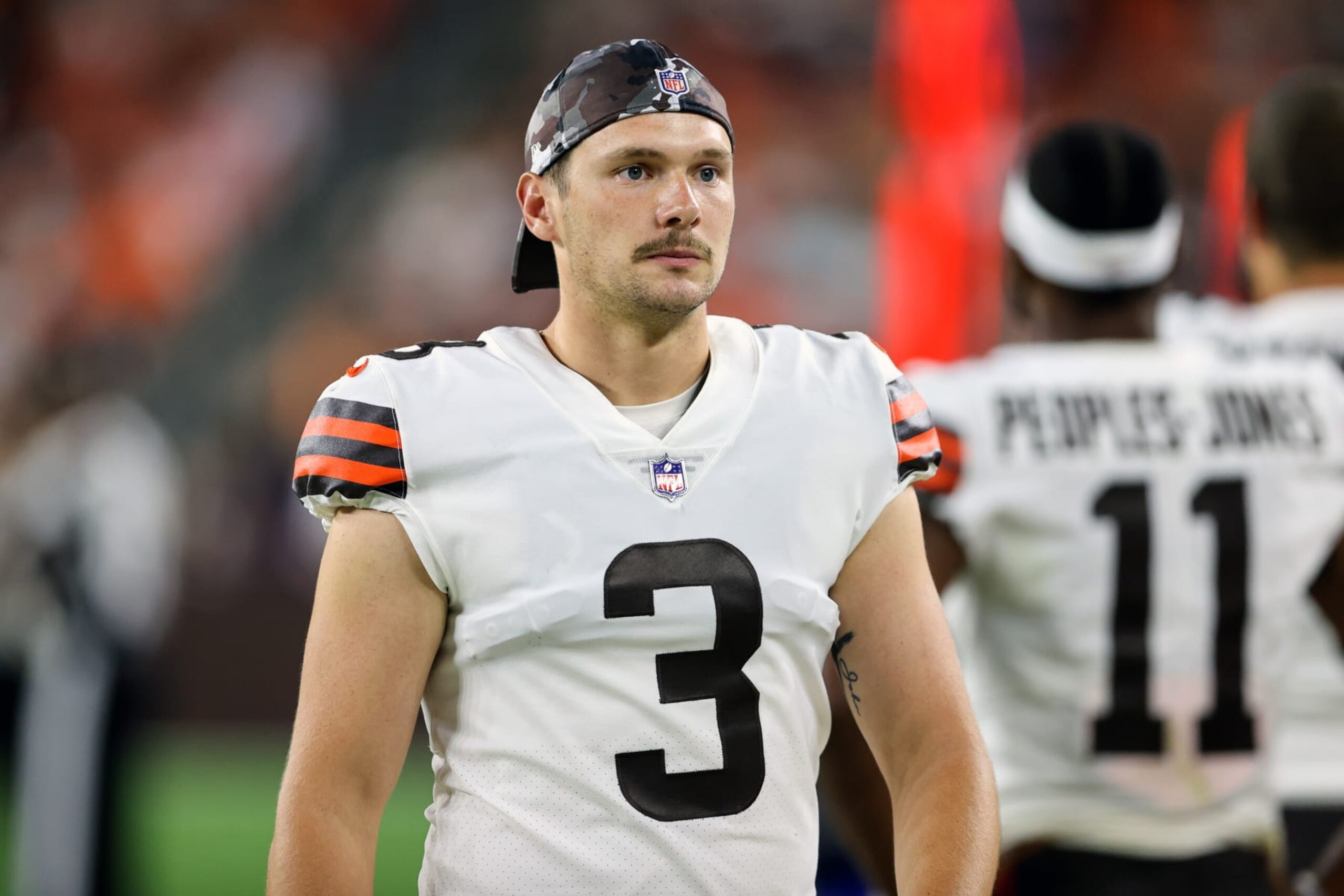 CLEVELAND, OH - AUGUST 27: Cleveland Browns place kicker Cade York (3) on the sideline during the third quarter of the National Football League preseason game between the Chicago Bears and Cleveland Browns on August 27, 2022, at FirstEnergy Stadium in Cleveland, OH. (Photo by Frank Jansky/Icon Sportswire via Getty Images)