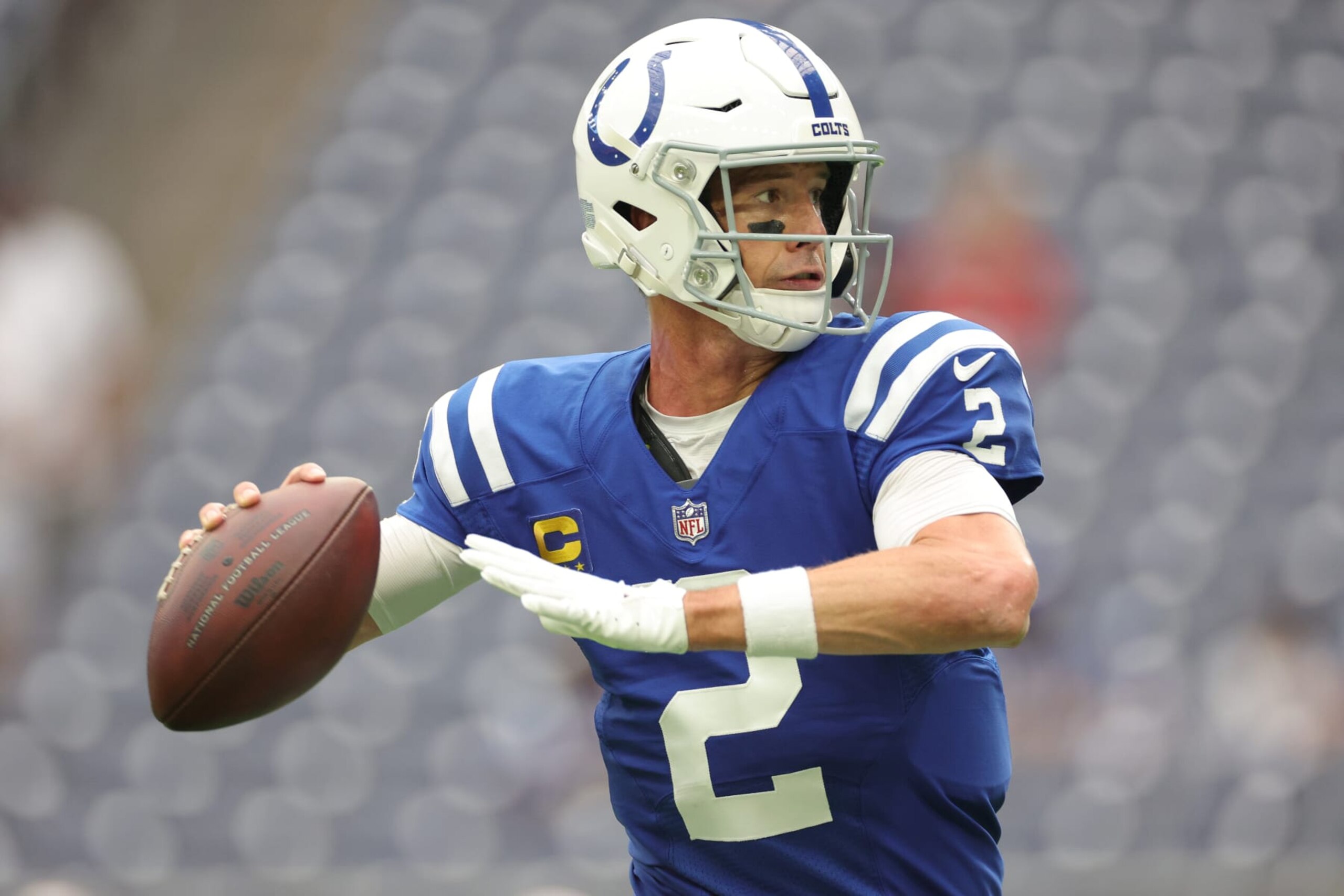 HOUSTON, TEXAS - SEPTEMBER 11: Matt Ryan #2 of the Indianapolis Colts warms up before the game against the Houston Texans at NRG Stadium on September 11, 2022 in Houston, Texas. (Photo by Carmen Mandato/Getty Images)