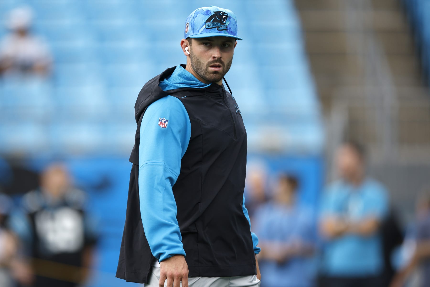 CHARLOTTE, NORTH CAROLINA - SEPTEMBER 11: Baker Mayfield #6 of the Carolina Panthers warms up before the game against the Cleveland Browns at Bank of America Stadium on September 11, 2022 in Charlotte, North Carolina. (Photo by Jared C. Tilton/Getty Images)
