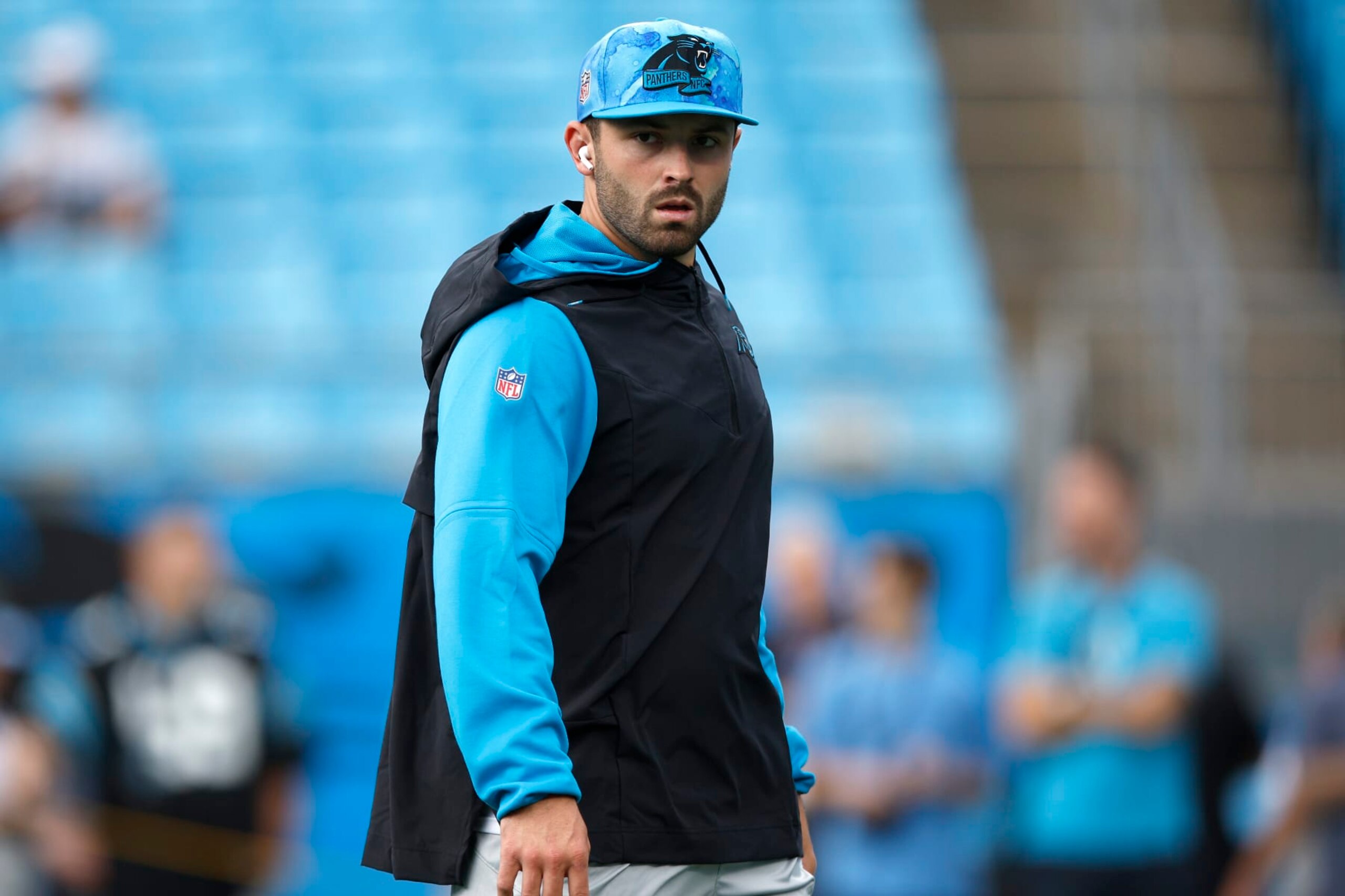 CHARLOTTE, NORTH CAROLINA - SEPTEMBER 11: Baker Mayfield #6 of the Carolina Panthers warms up before the game against the Cleveland Browns at Bank of America Stadium on September 11, 2022 in Charlotte, North Carolina. (Photo by Jared C. Tilton/Getty Images)