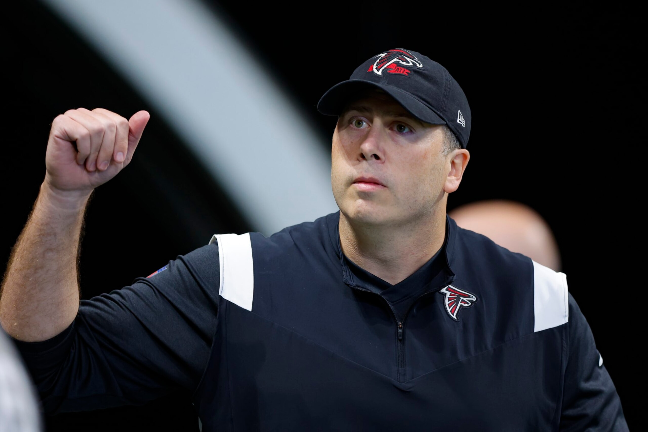 ATLANTA, GA - AUGUST 27: Head coach Arthur Smith of the Atlanta Falcons walks on the field prior to a preseason game  the Jacksonville Jaguars at Mercedes-Benz Stadium on August 27, 2022 in Atlanta, Georgia. (Photo by Todd Kirkland/Getty Images)
