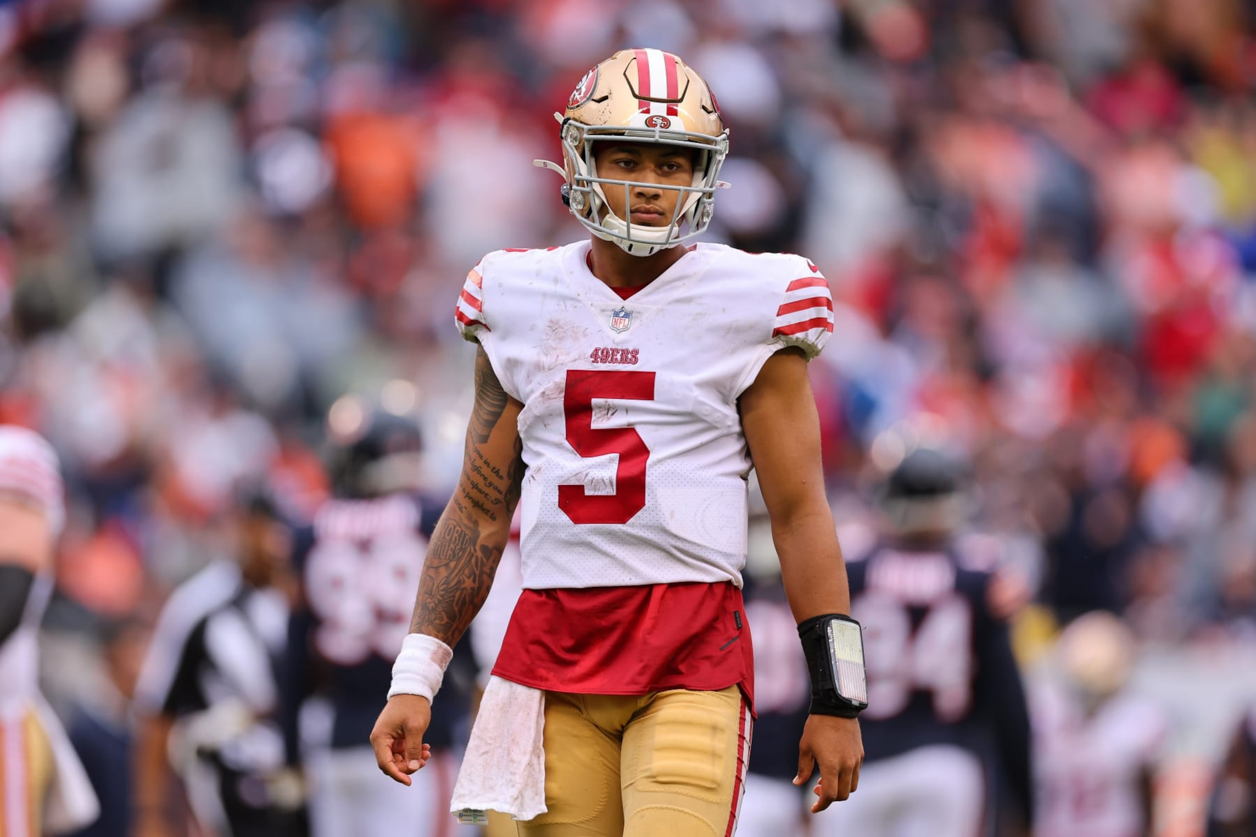 CHICAGO, ILLINOIS - SEPTEMBER 11: Quarterback Trey Lance #5 of the San Francisco 49ers looks onward during the first half against the Chicago Bears at Soldier Field on September 11, 2022 in Chicago, Illinois. (Photo by Michael Reaves/Getty Images)