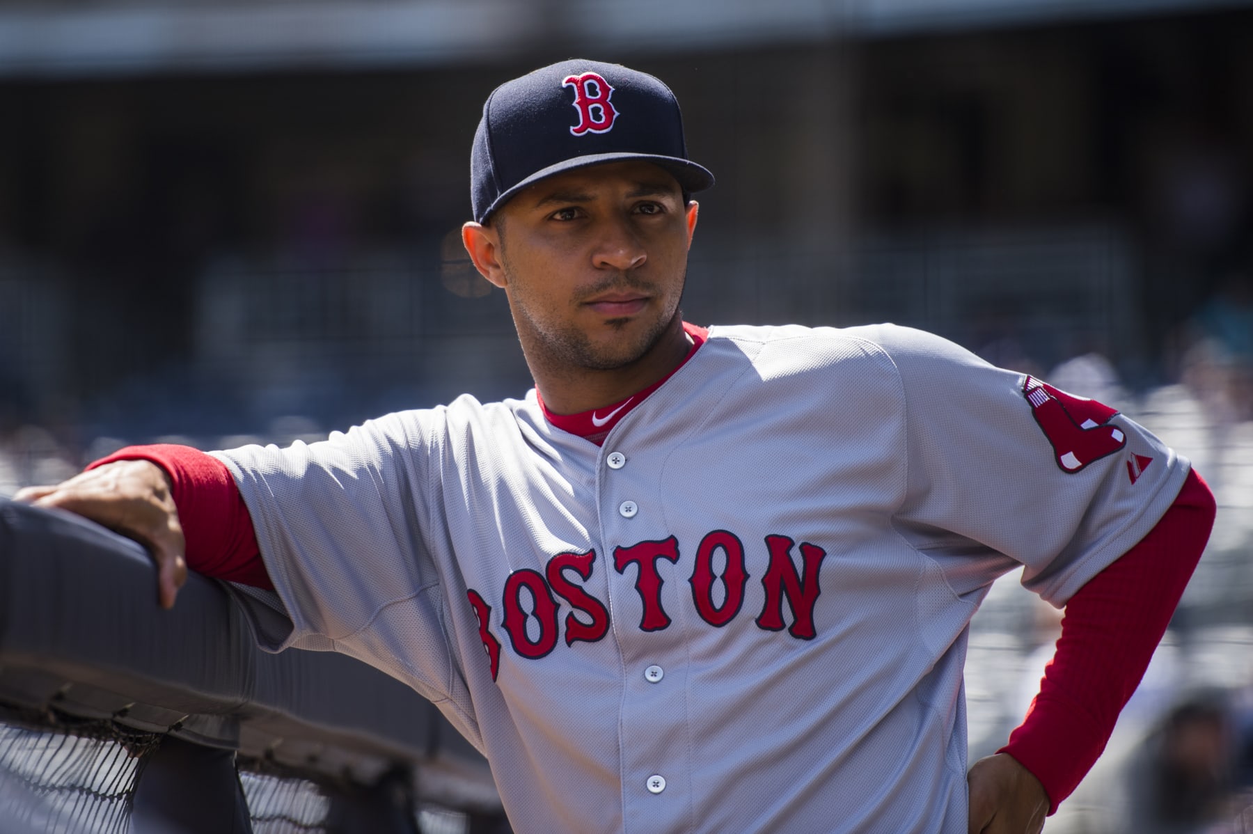 NEW YORK, NY - APRIL 11:  Anthony Varvaro #46 of the Boston Red Sox looks on during the game against the New York Yankees at Yankee Stadium on Saturday, April 11, 2015 in the Bronx borough of New York City. (Photo by Rob Tringali/MLB via Getty Images) 