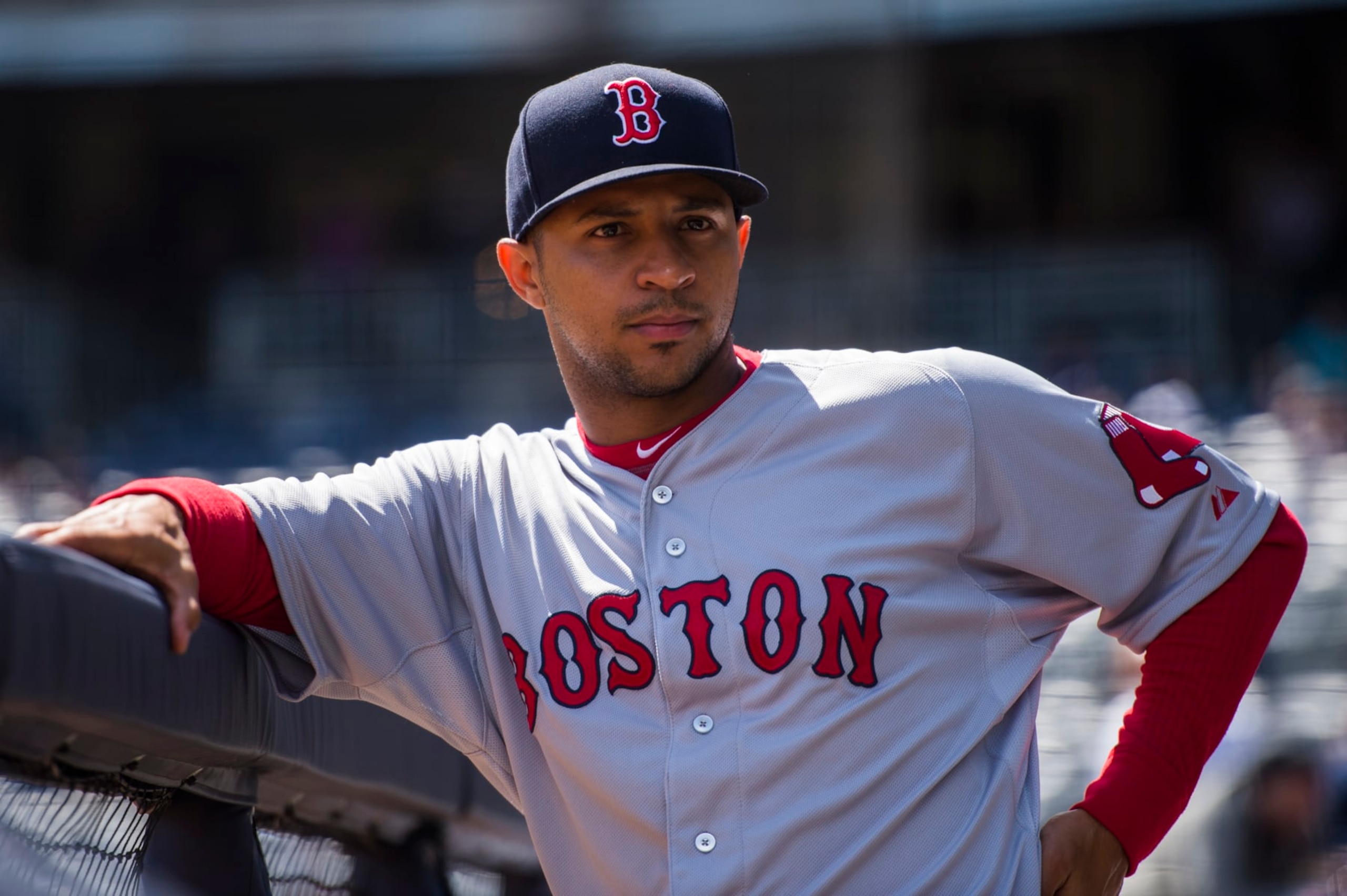 NEW YORK, NY - APRIL 11:  Anthony Varvaro #46 of the Boston Red Sox looks on during the game against the New York Yankees at Yankee Stadium on Saturday, April 11, 2015 in the Bronx borough of New York City. (Photo by Rob Tringali/MLB via Getty Images) 