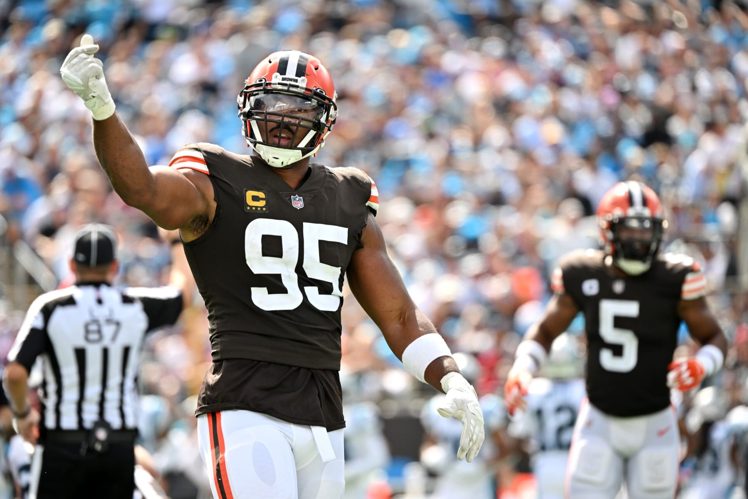 CHARLOTTE, NORTH CAROLINA - SEPTEMBER 11: Myles Garrett #95 of the Cleveland Browns reacts after sacking Baker Mayfield #6 of the Carolina Panthers (not pictured) during the third quarter at Bank of America Stadium on September 11, 2022 in Charlotte, North Carolina. (Photo by Grant Halverson/Getty Images)