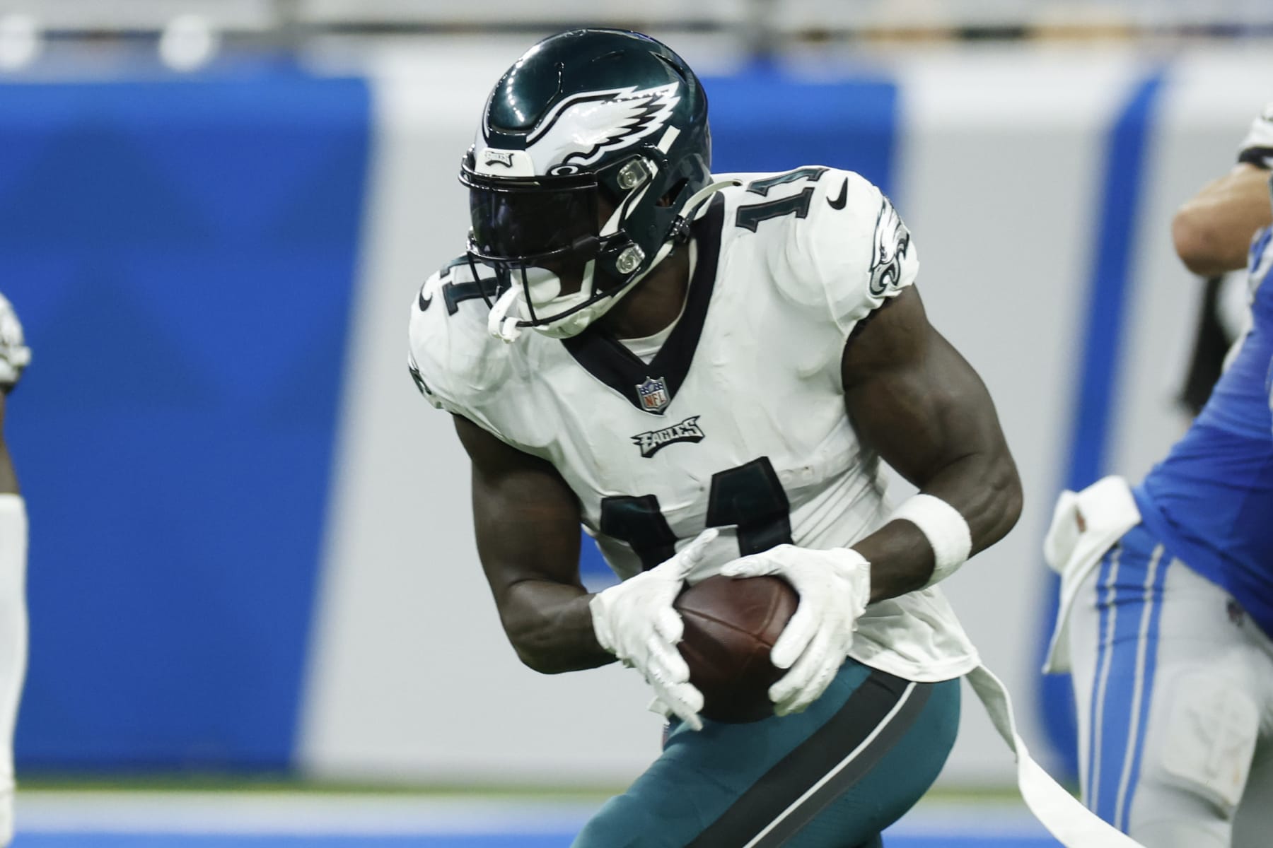 Philadelphia Eagles wide receiver A.J. Brown (11) runs the ball after he makes a reception in the first half against the Detroit Lions during an NFL football game, Sunday, Sept. 11, 2022, in Detroit. (AP Photo/Rick Osentoski)