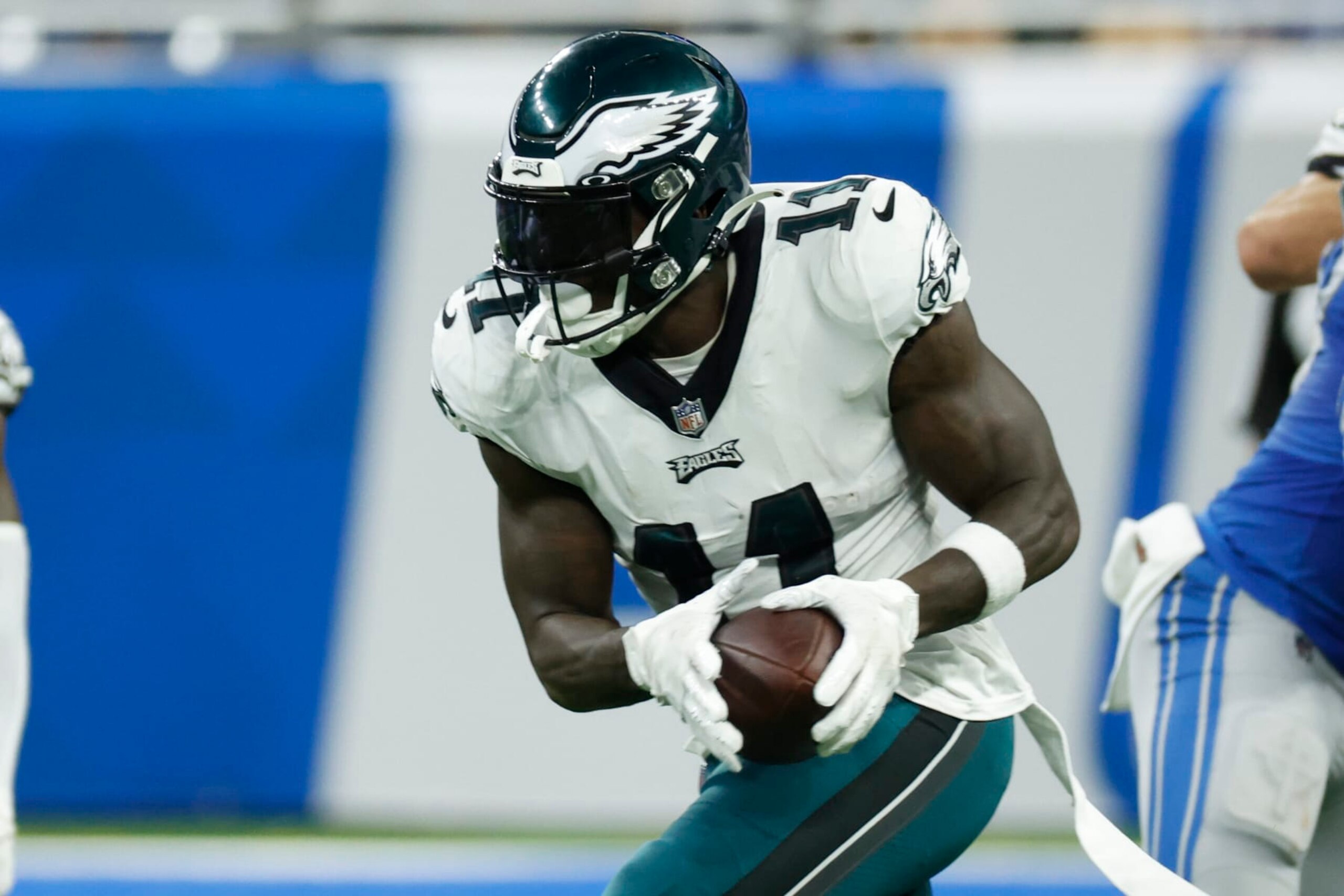 Philadelphia Eagles wide receiver A.J. Brown (11) runs the ball after he makes a reception in the first half against the Detroit Lions during an NFL football game, Sunday, Sept. 11, 2022, in Detroit. (AP Photo/Rick Osentoski)