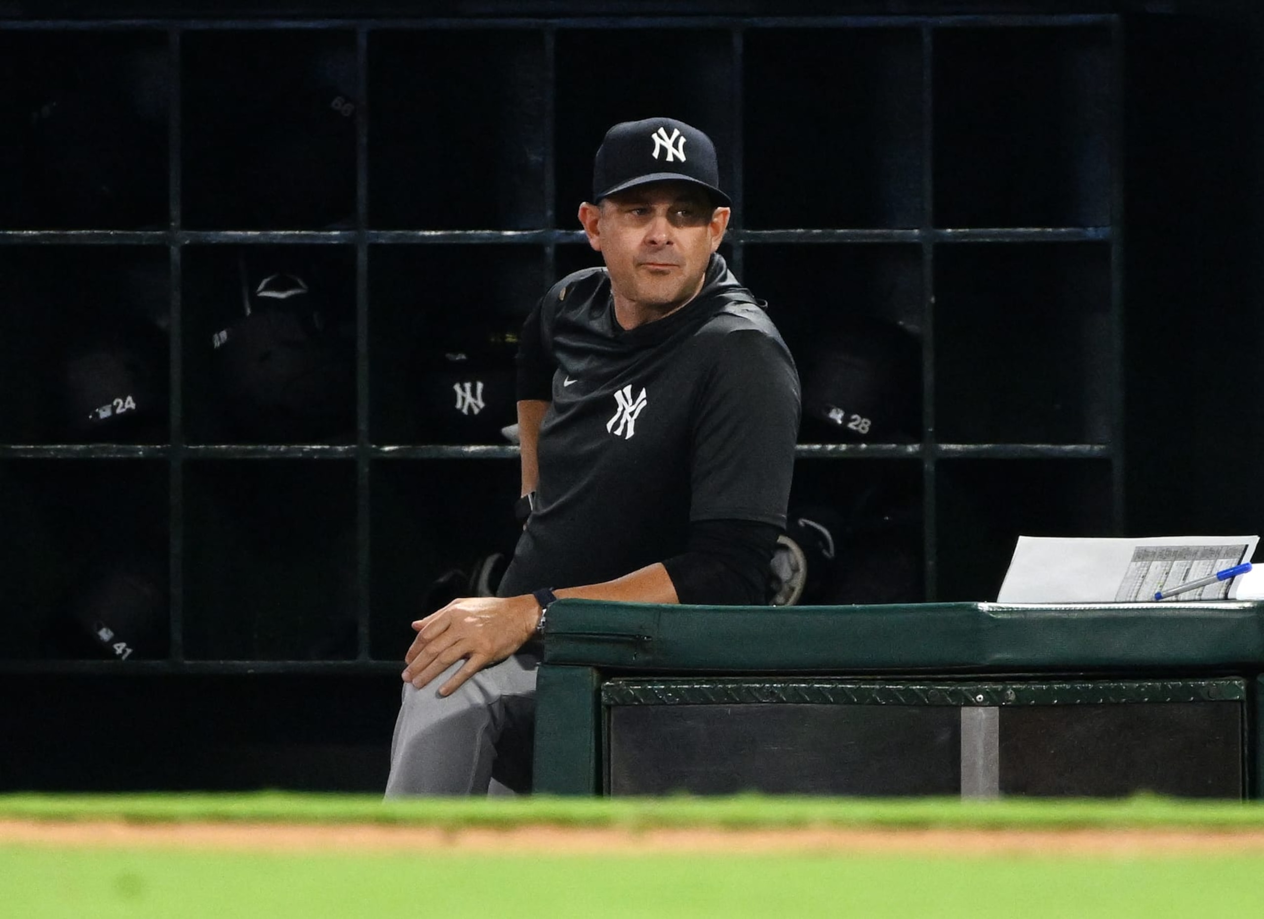 ANAHEIM, CA - AUGUST 29: New York Yankees manager Aaron Boone (17) in the dugout during an MLB baseball game against the Los Angeles Angels played on August 29, 2022 at Angel Stadium in Anaheim, CA. (Photo by John Cordes/Icon Sportswire via Getty Images) ANAHEIM, CA - AUGUST 29: New York Yankees manager Aaron Boone (17) in the dugout during an MLB baseball game against the Los Angeles Angels played on August 29, 2022 at Angel Stadium in Anaheim, CA. (Photo by John Cordes/Icon Sportswire via Getty Images)