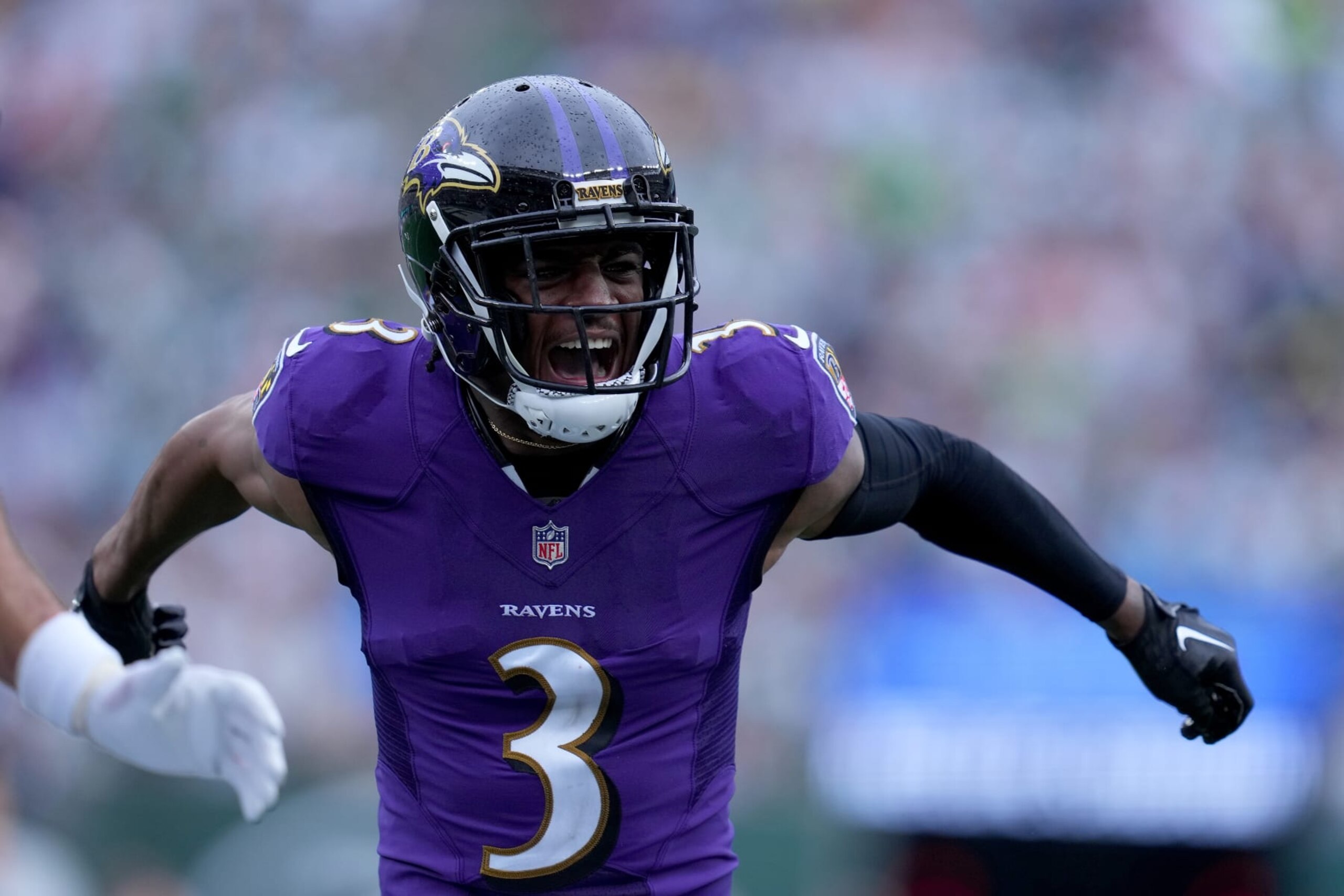 EAST RUTHERFORD, NEW JERSEY - SEPTEMBER 11: Wide Receiver James Proche II #3 of the Baltimore Ravens reacts to a touchdown scored by Wide Receiver Devin Duvernay #13 of the Baltimore Ravens during the third quarter of the game at MetLife Stadium on September 11, 2022 in East Rutherford, New Jersey. (Photo by Mitchell Leff/Getty Images)