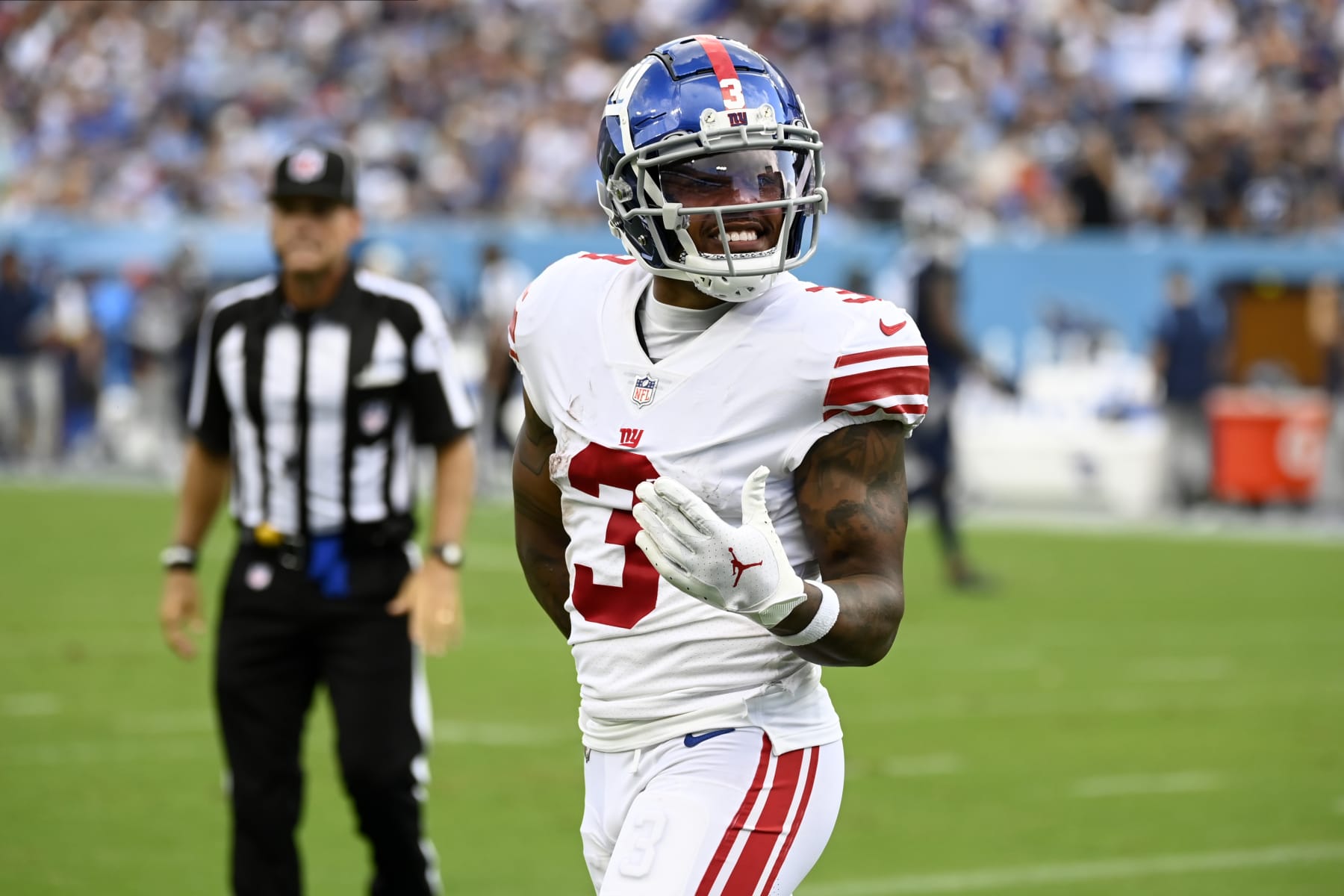 New York Giants wide receiver Sterling Shepard (3) celebrates after his touchdown reception during the second half of an NFL football game against the Tennessee Titans Sunday, Sept. 11, 2022, in Nashville. (AP Photo/Mark Zaleski)