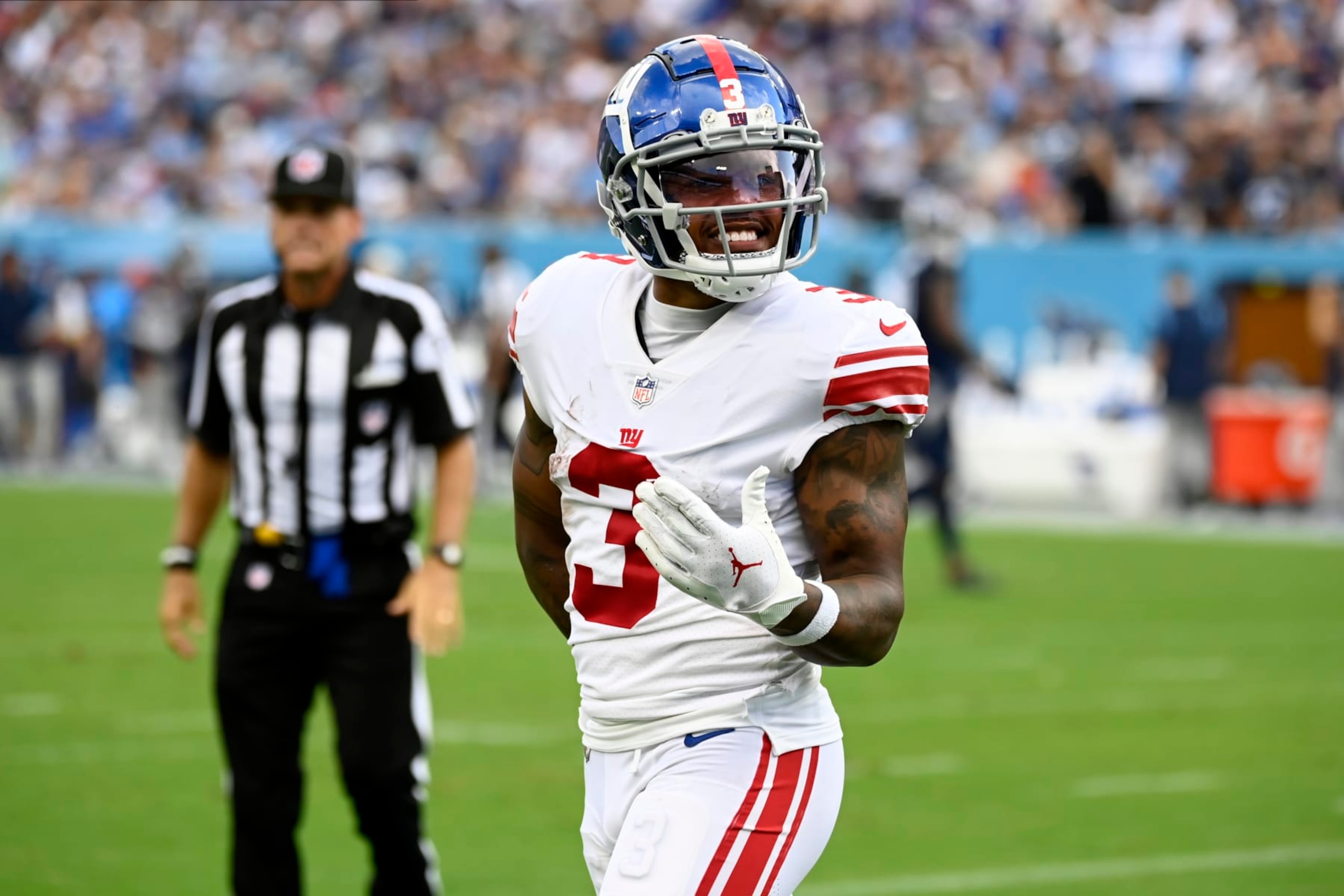New York Giants wide receiver Sterling Shepard (3) celebrates after his touchdown reception during the second half of an NFL football game against the Tennessee Titans Sunday, Sept. 11, 2022, in Nashville. (AP Photo/Mark Zaleski)