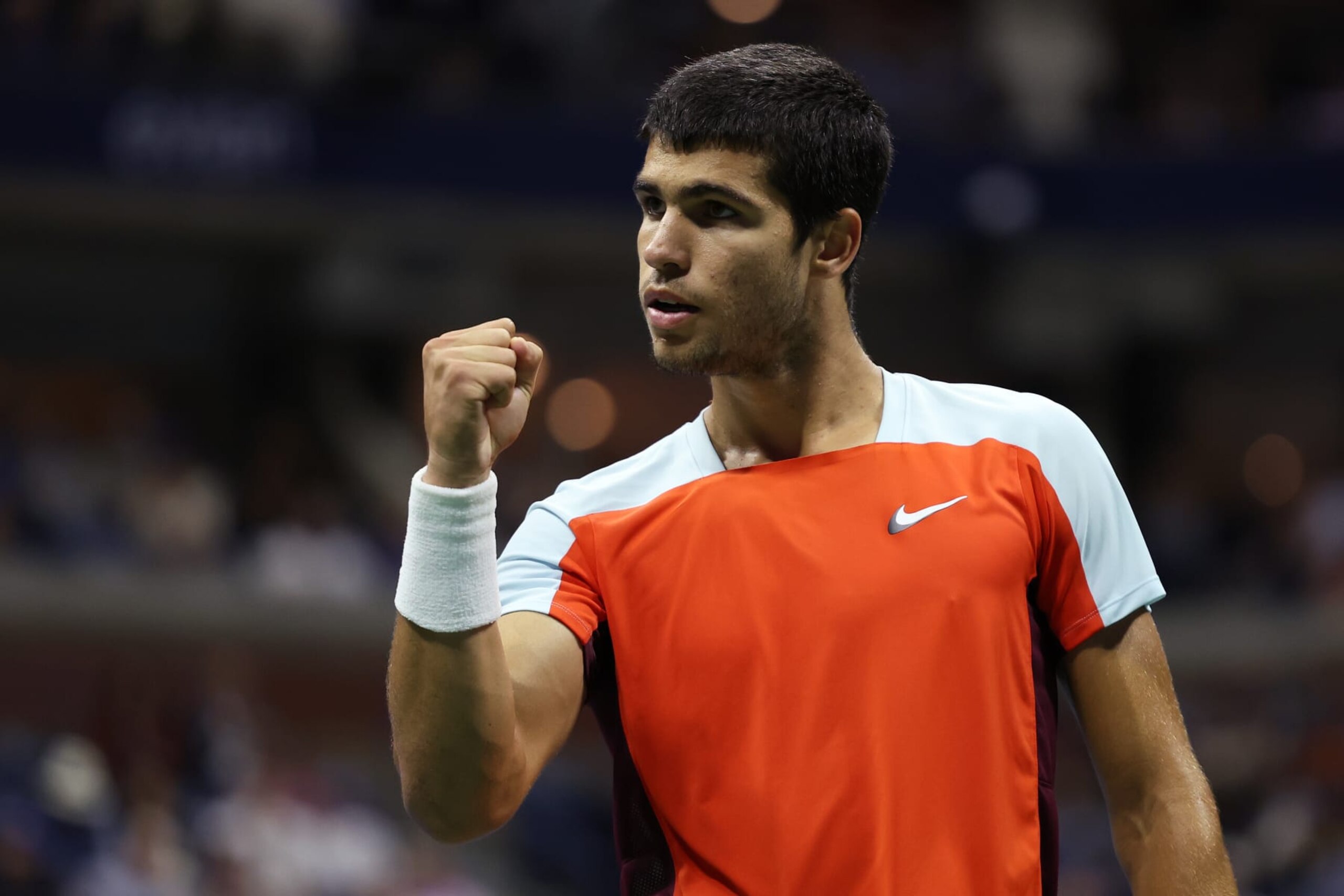 NEW YORK, NEW YORK - SEPTEMBER 11: Carlos Alcaraz of Spain celebrates a point against Casper Ruud of Norway during their Men’s Singles Final match on Day Fourteen of the 2022 US Open at USTA Billie Jean King National Tennis Center on September 11, 2022 in the Flushing neighborhood of the Queens borough of New York City. (Photo by Al Bello/Getty Images)