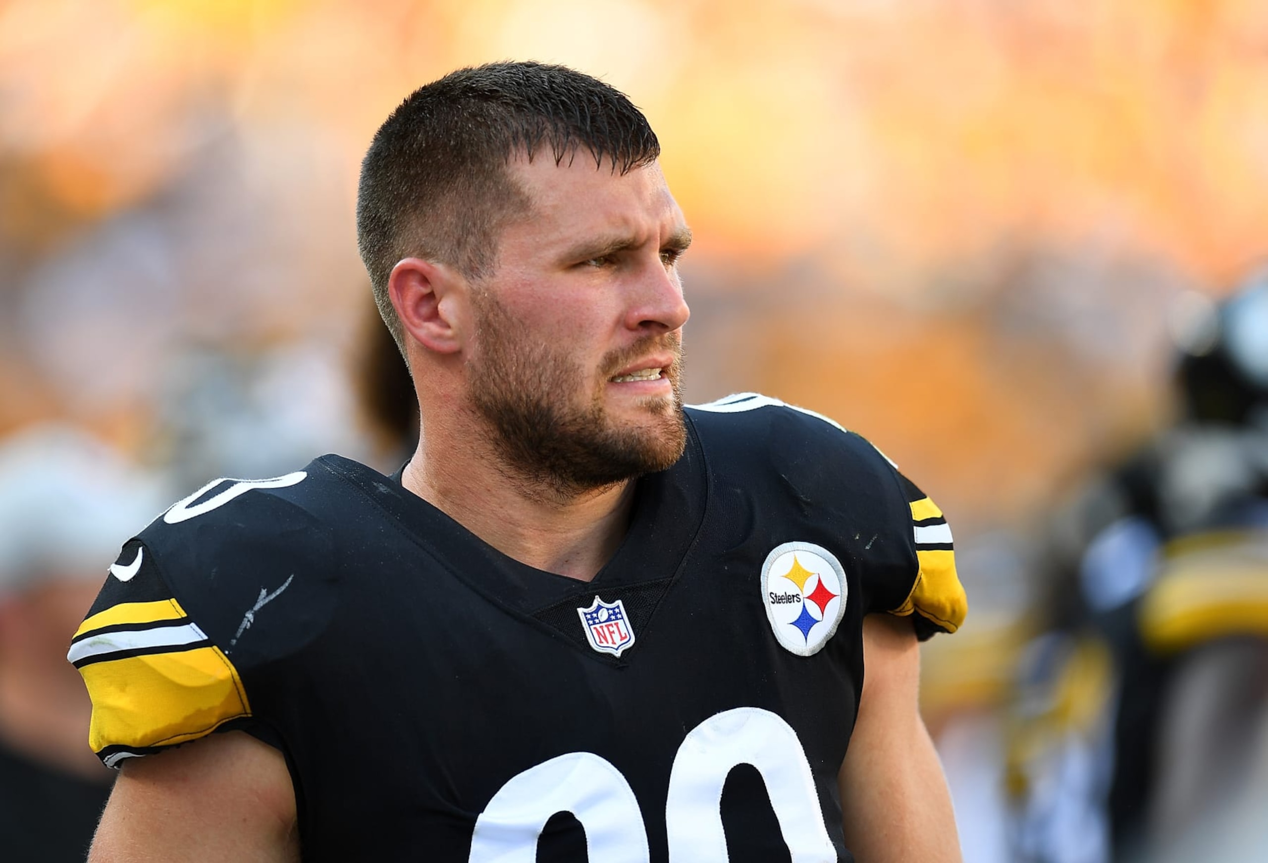 PITTSBURGH, PA - AUGUST 28:  T.J. Watt #90 of the Pittsburgh Steelers looks on during the game against the Detroit Lions at Acrisure Stadium on August 28, 2022 in Pittsburgh, Pennsylvania. (Photo by Joe Sargent/Getty Images)
