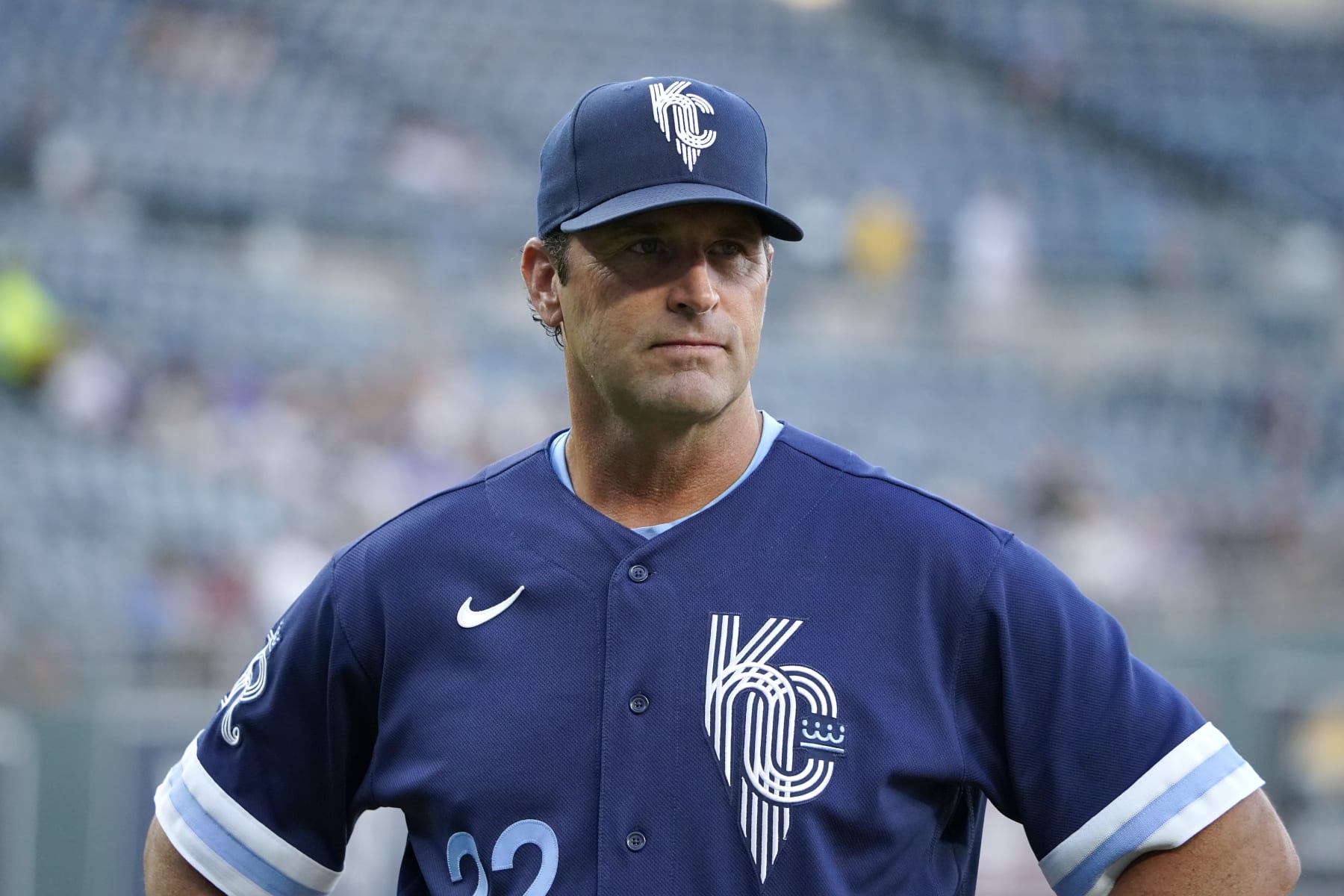 KANSAS CITY, MISSOURI - AUGUST 26: Manager Mike Matheny #22 of the Kansas City Royals stands on the field prior to a game against the San Diego Padres at Kauffman Stadium on August 26, 2022 in Kansas City, Missouri. (Photo by Ed Zurga/Getty Images)