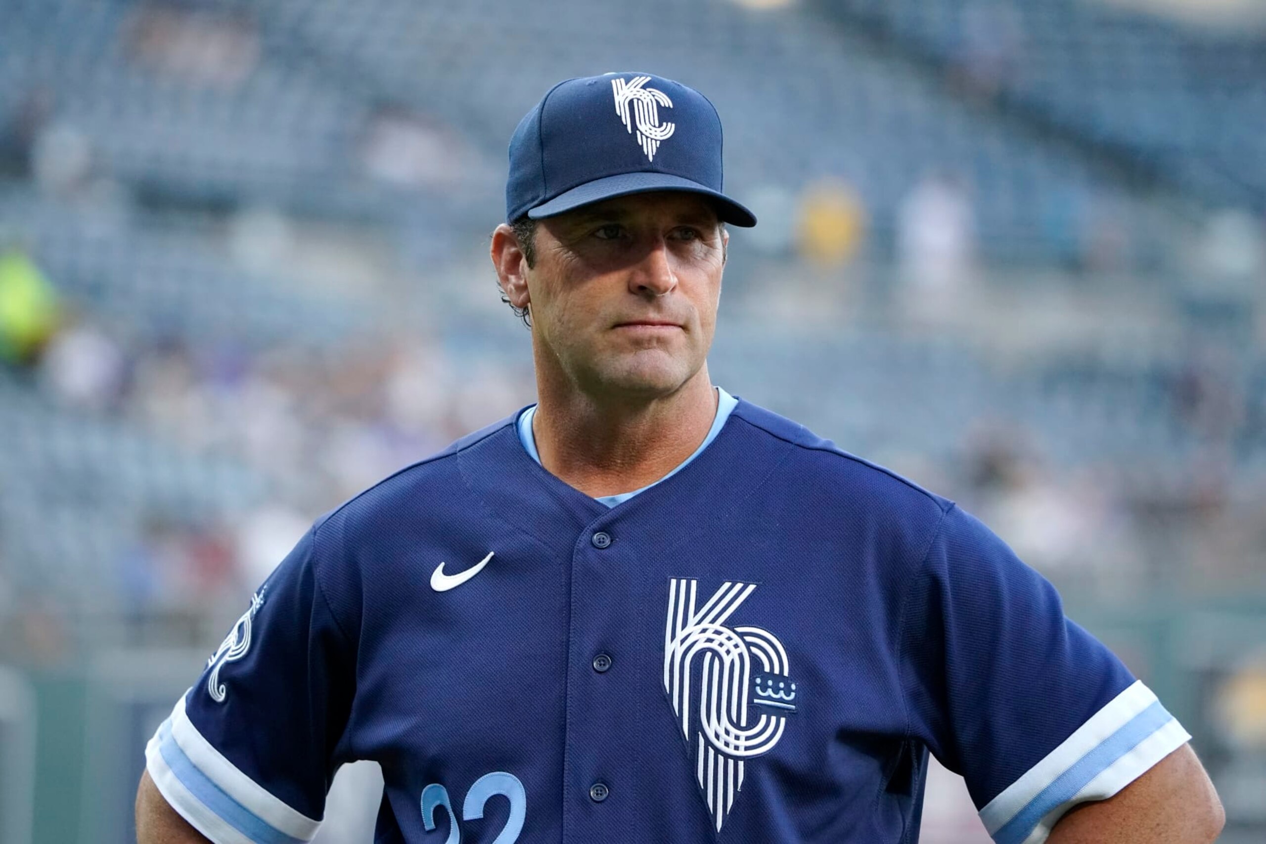 KANSAS CITY, MISSOURI - AUGUST 26: Manager Mike Matheny #22 of the Kansas City Royals stands on the field prior to a game against the San Diego Padres at Kauffman Stadium on August 26, 2022 in Kansas City, Missouri. (Photo by Ed Zurga/Getty Images) KANSAS CITY, MISSOURI - AUGUST 26: Manager Mike Matheny #22 of the Kansas City Royals stands on the field prior to a game against the San Diego Padres at Kauffman Stadium on August 26, 2022 in Kansas City, Missouri. (Photo by Ed Zurga/Getty Images)