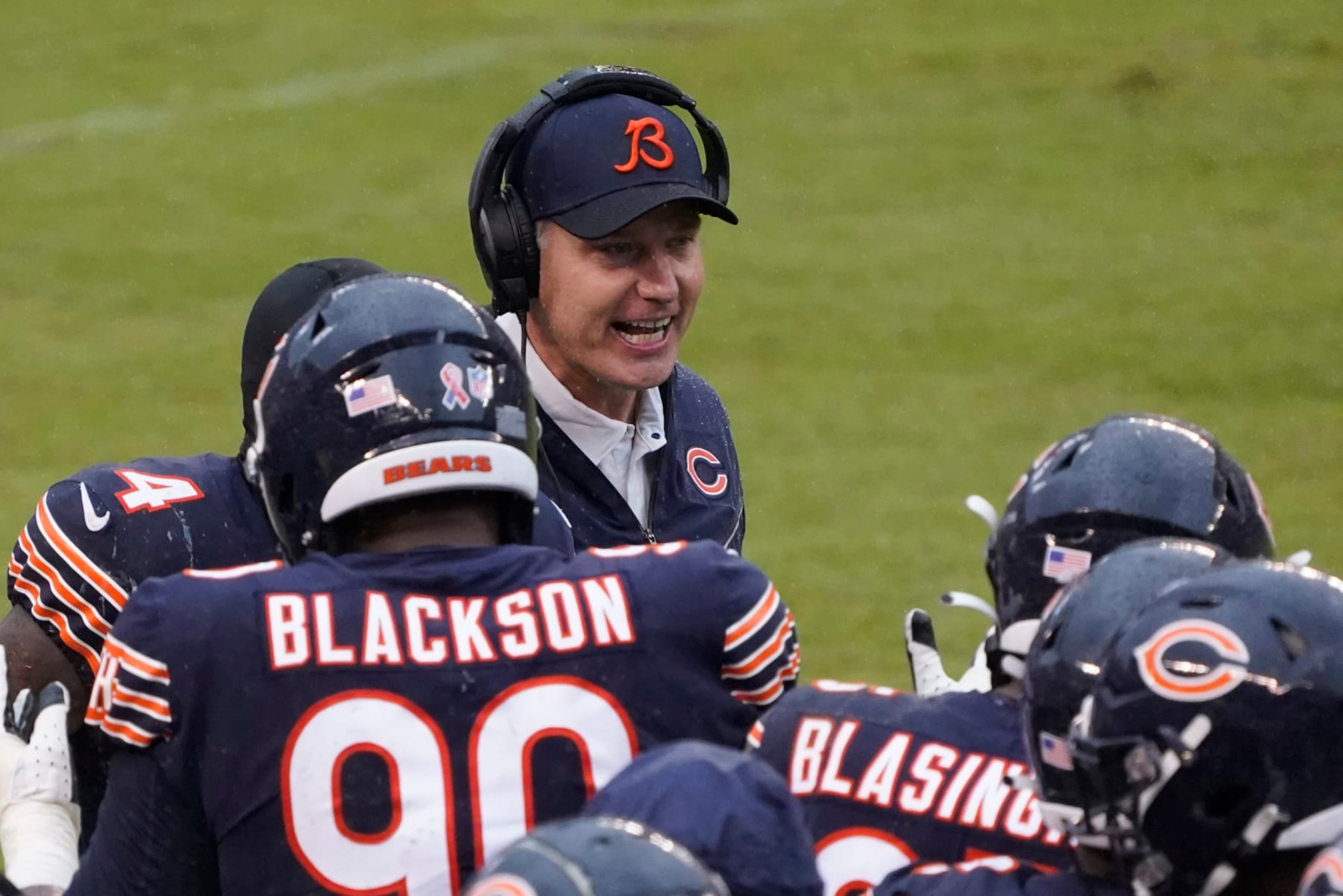 Chicago Bears head coach Matt Eberflus smiles after the Bears intercepted a pass against the San Francisco 49ers during the second half in an NFL football game Sunday, Sept. 11, 2022, in Chicago. (AP Photo/David Banks)