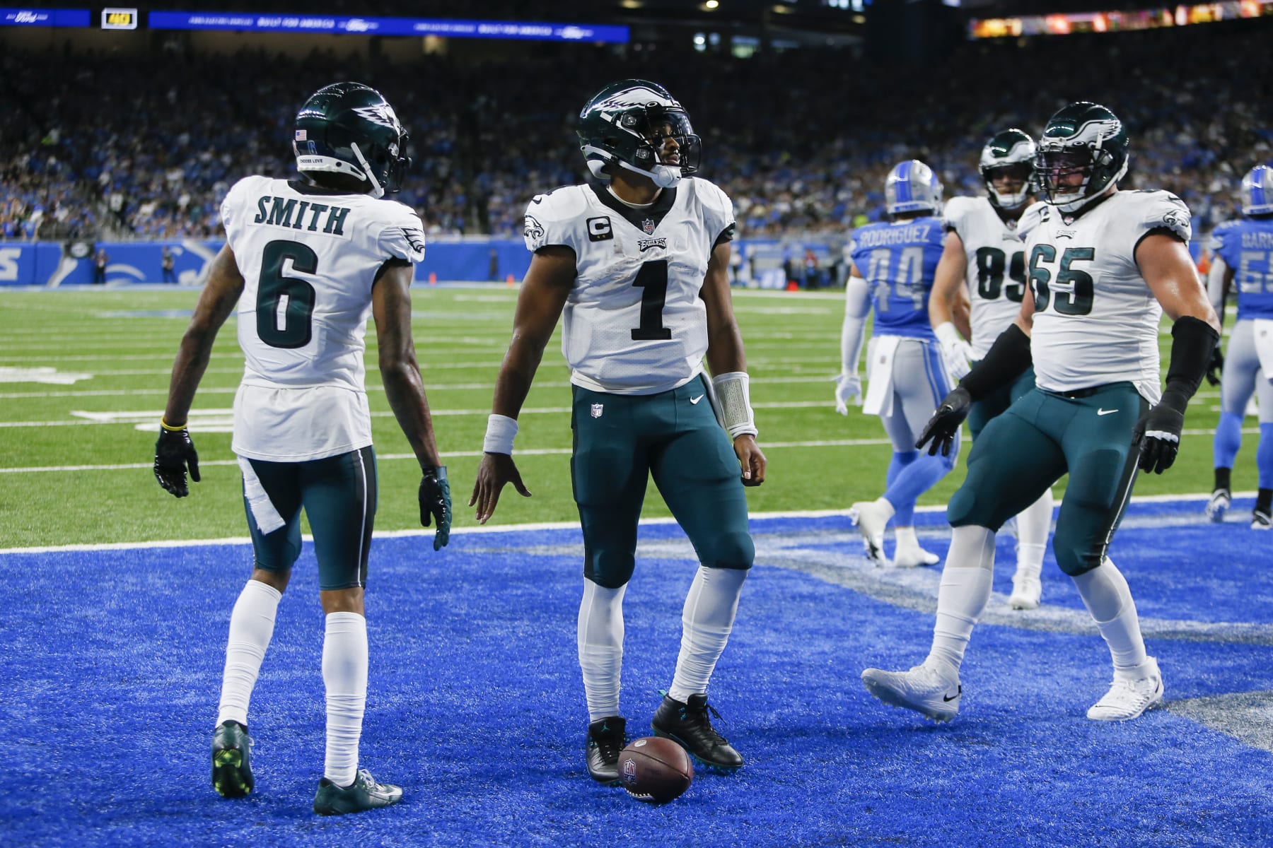 Philadelphia Eagles quarterback Jalen Hurts (1) celebrates his one-yard touchdown run against the Detroit Lions in the first half of an NFL football game in Detroit, Sunday, Sept. 11, 2022. (AP Photo/Duane Burleson)
