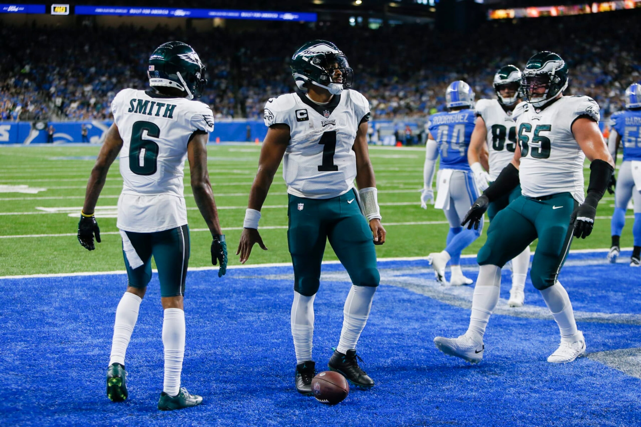 Philadelphia Eagles quarterback Jalen Hurts (1) celebrates his one-yard touchdown run against the Detroit Lions in the first half of an NFL football game in Detroit, Sunday, Sept. 11, 2022. (AP Photo/Duane Burleson) Philadelphia Eagles quarterback Jalen Hurts (1) celebrates his one-yard touchdown run against the Detroit Lions in the first half of an NFL football game in Detroit, Sunday, Sept. 11, 2022. (AP Photo/Duane Burleson)