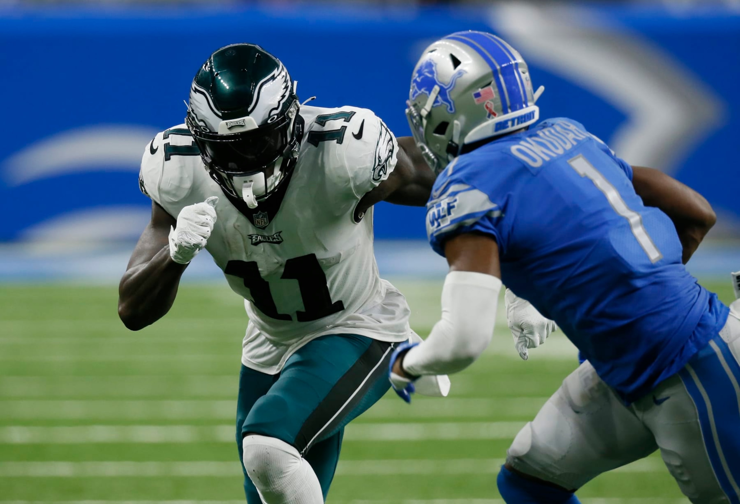 Philadelphia Eagles wide receiver A.J. Brown (11) runs a route against Detroit Lions cornerback Jeff Okudah (1) in the second half of an NFL football game in Detroit, Sunday, Sept. 11, 2022. (AP Photo/Duane Burleson) Philadelphia Eagles wide receiver A.J. Brown (11) runs a route against Detroit Lions cornerback Jeff Okudah (1) in the second half of an NFL football game in Detroit, Sunday, Sept. 11, 2022. (AP Photo/Duane Burleson)